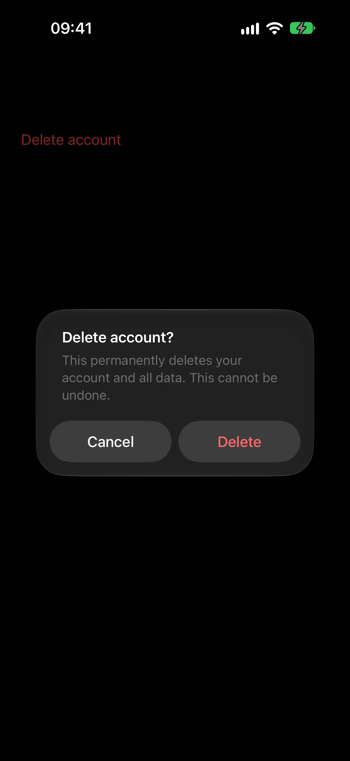 Alert titled Delete account? with a message, a Cancel button, and a red Delete button