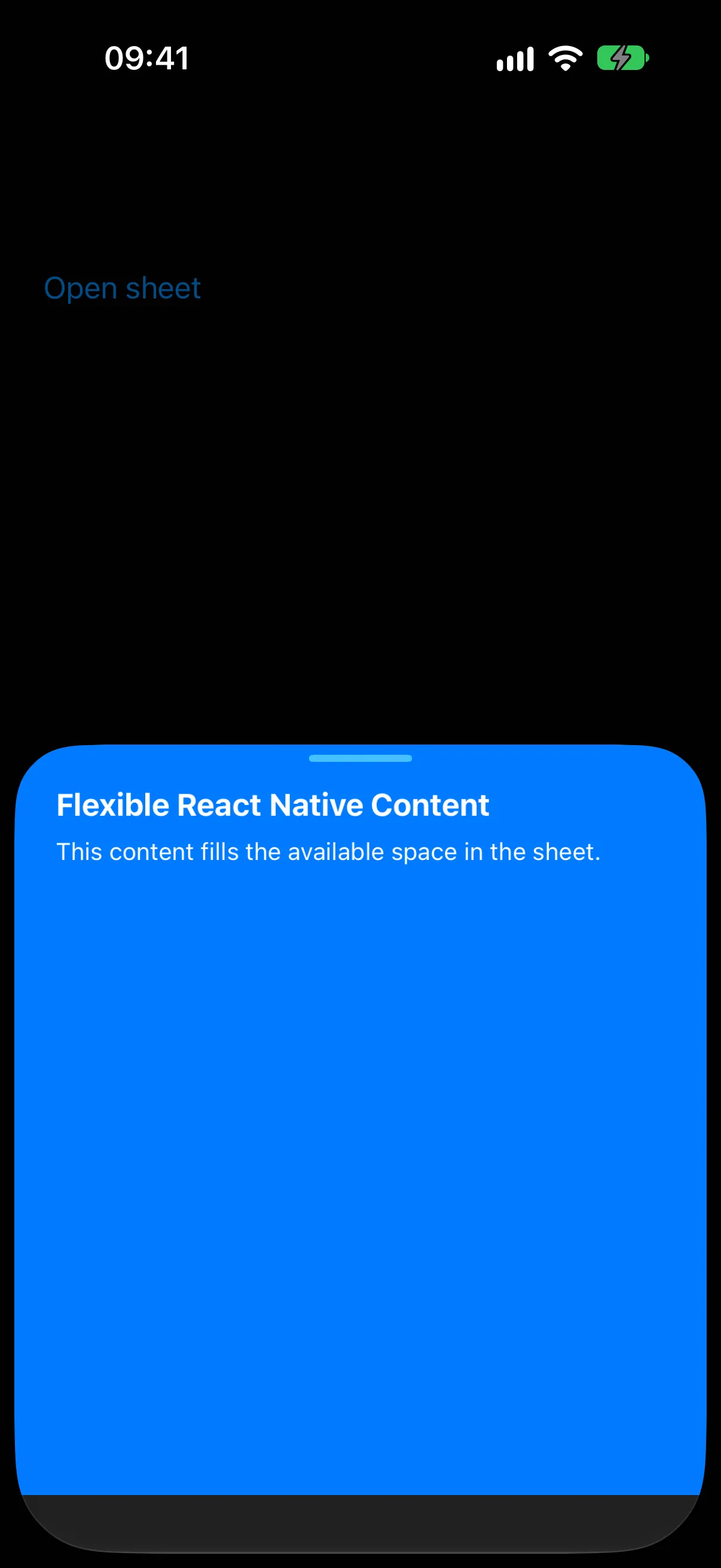 A bottom sheet filled by a blue React Native view at the medium detent