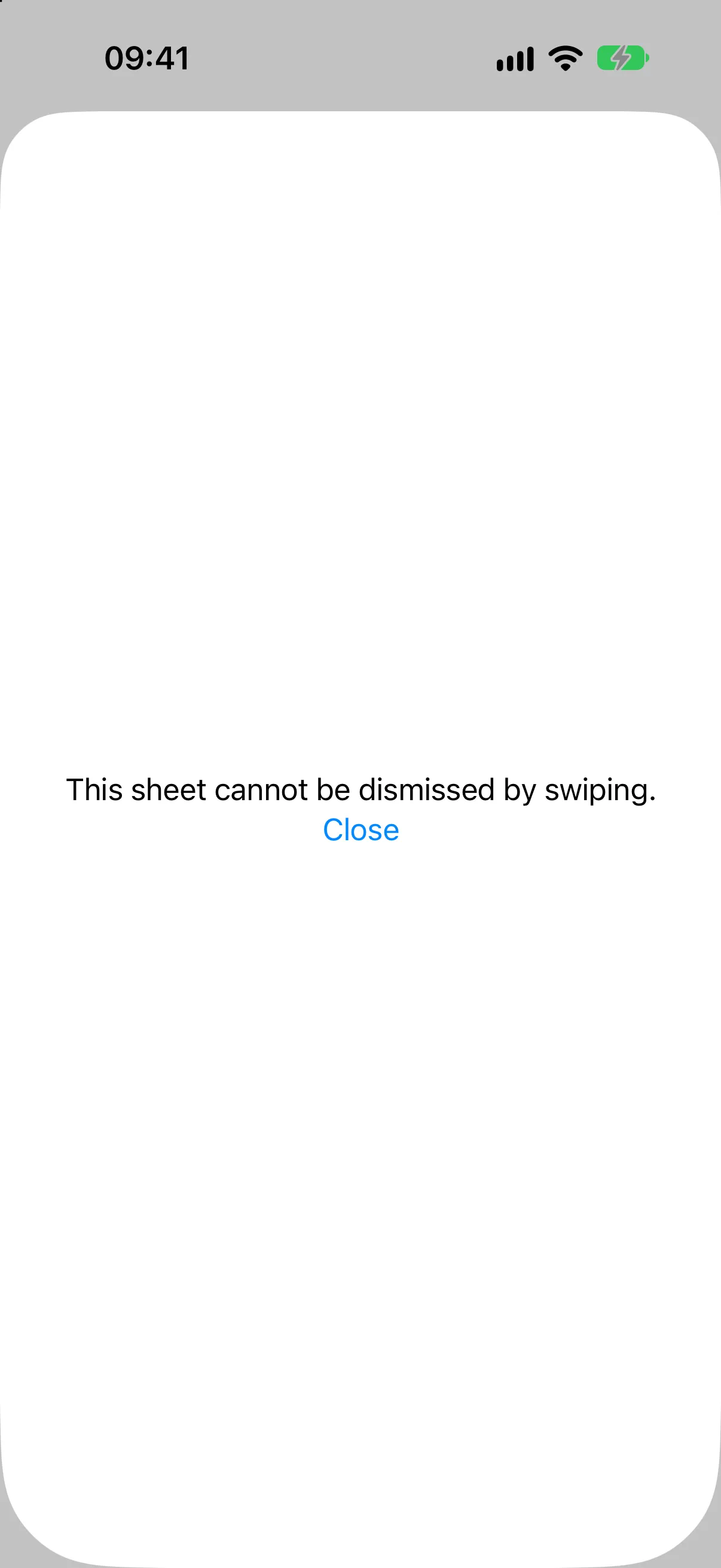A full-height bottom sheet with text and a Close button