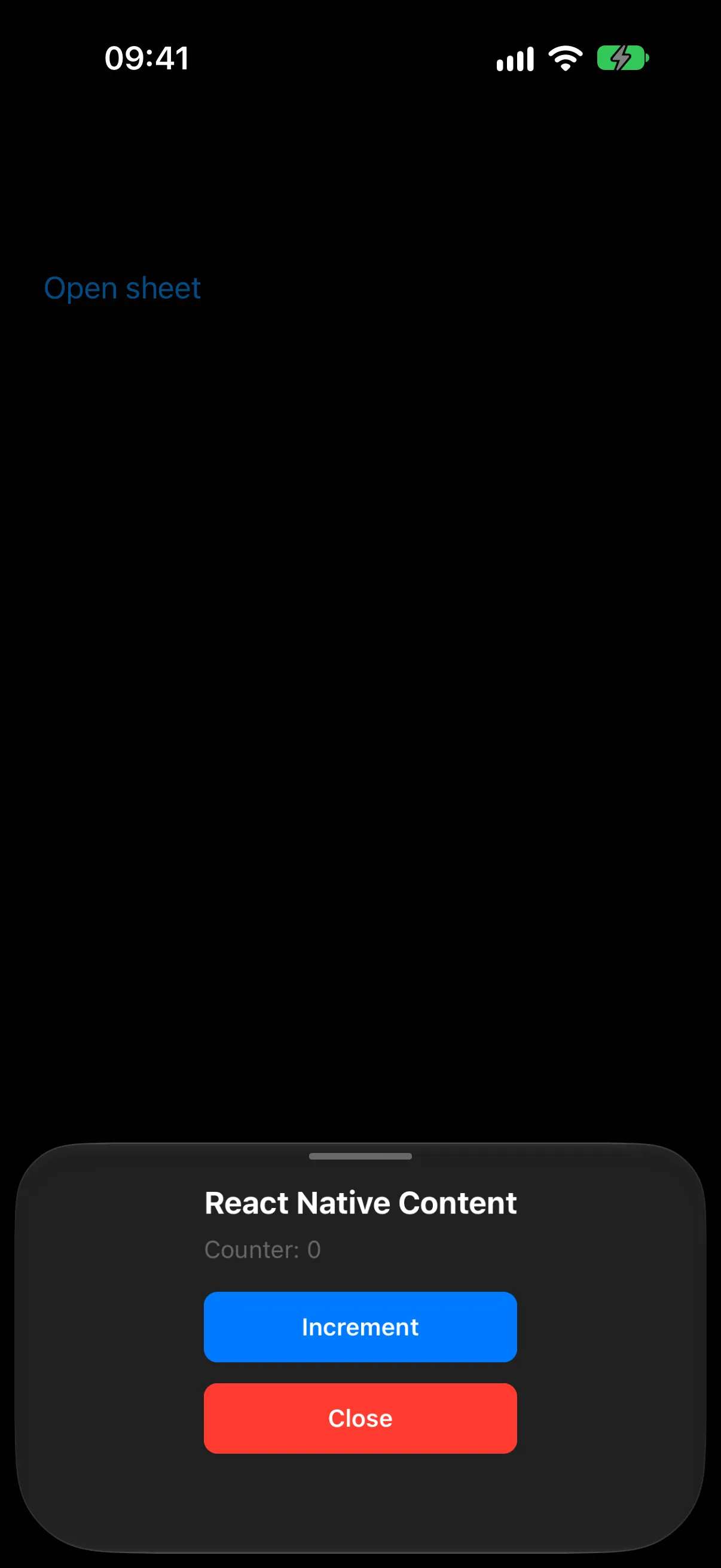 A bottom sheet holding React Native text, a counter, and Increment and Close buttons