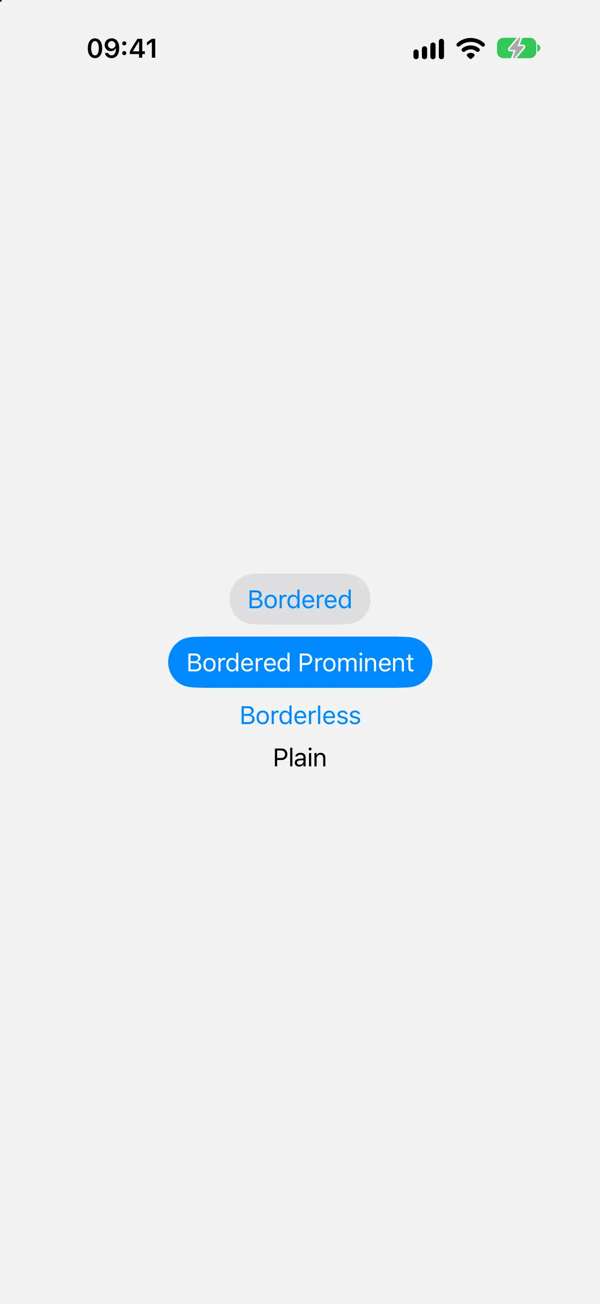 Four buttons showing the bordered, bordered prominent, borderless, and plain styles