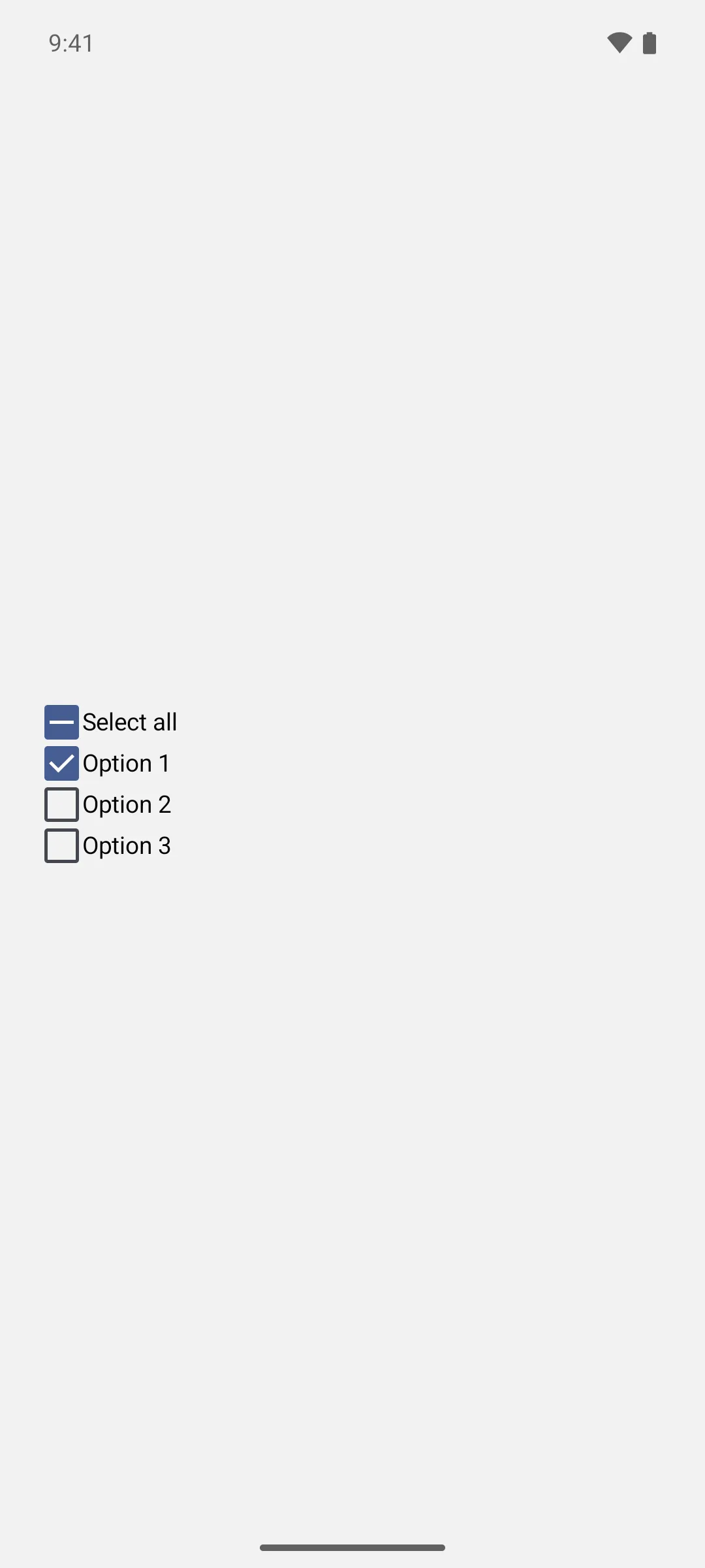 A Select all row showing the indeterminate dash above one checked and two unchecked options