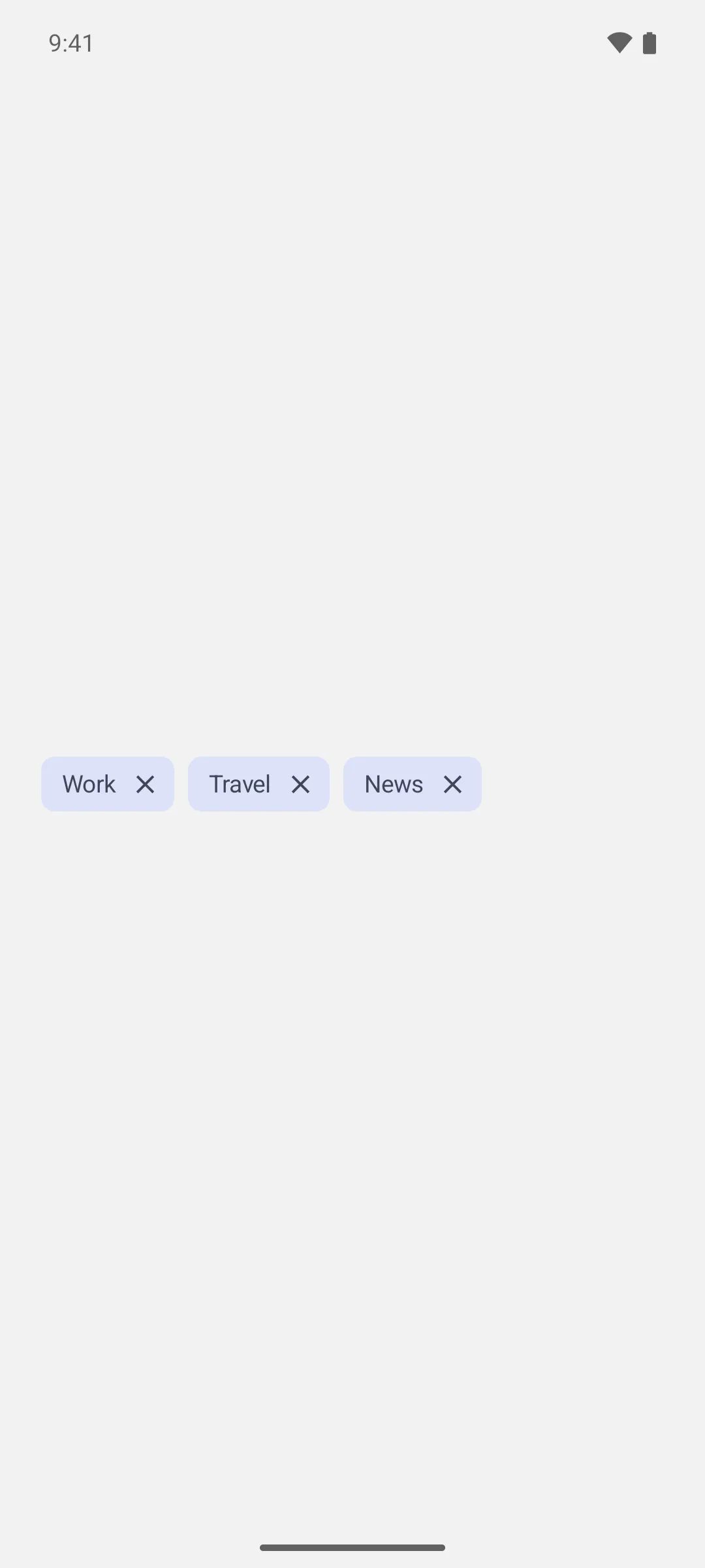 Three input chips labeled Work, Travel, and News, each with a close icon