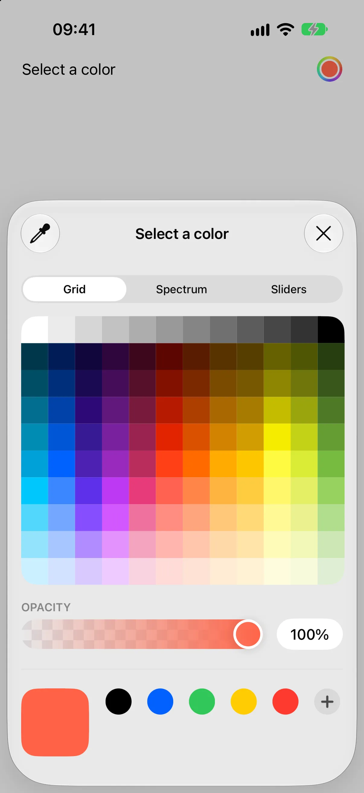 The system color picker sheet open on the Grid tab, with opacity at 100 percent