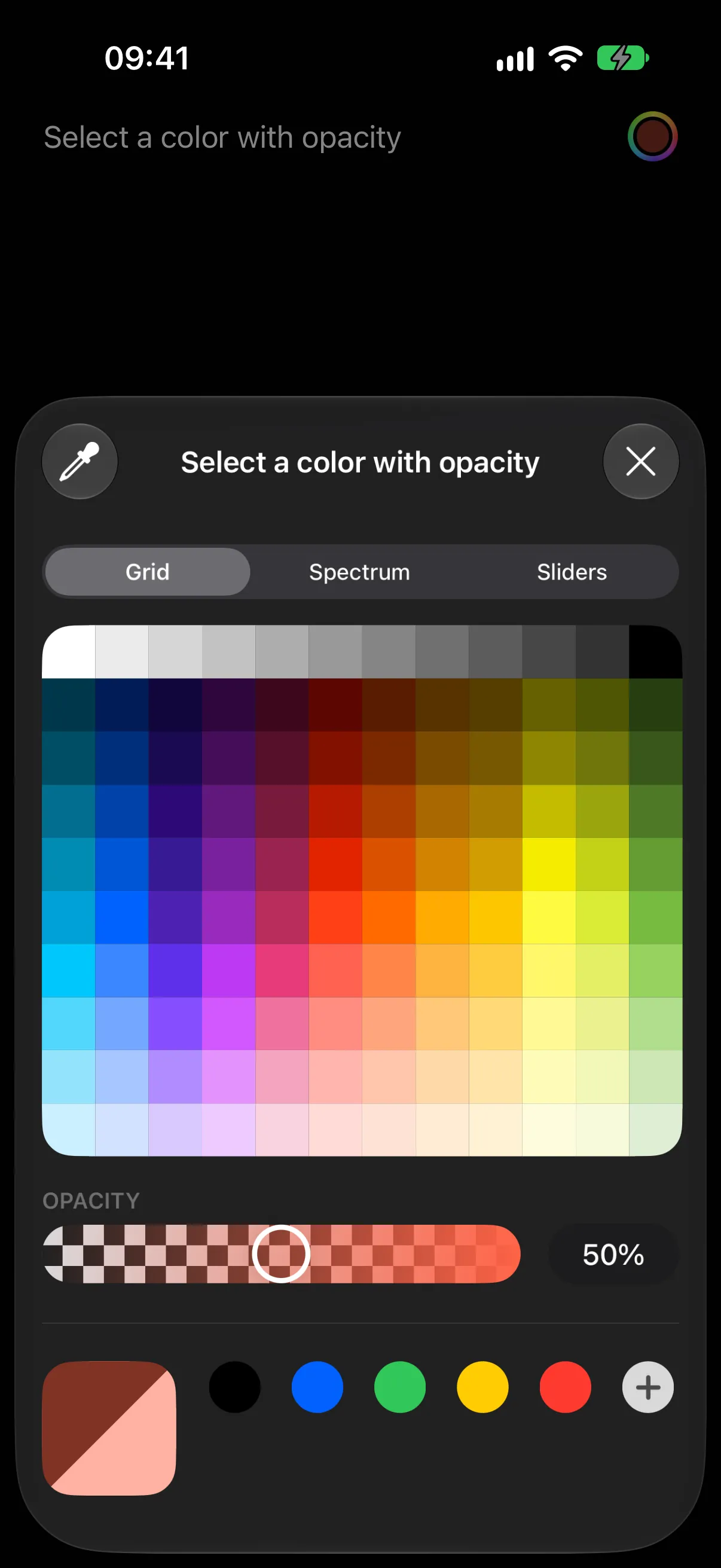 The system color picker sheet open on the Grid tab, with opacity at 50 percent