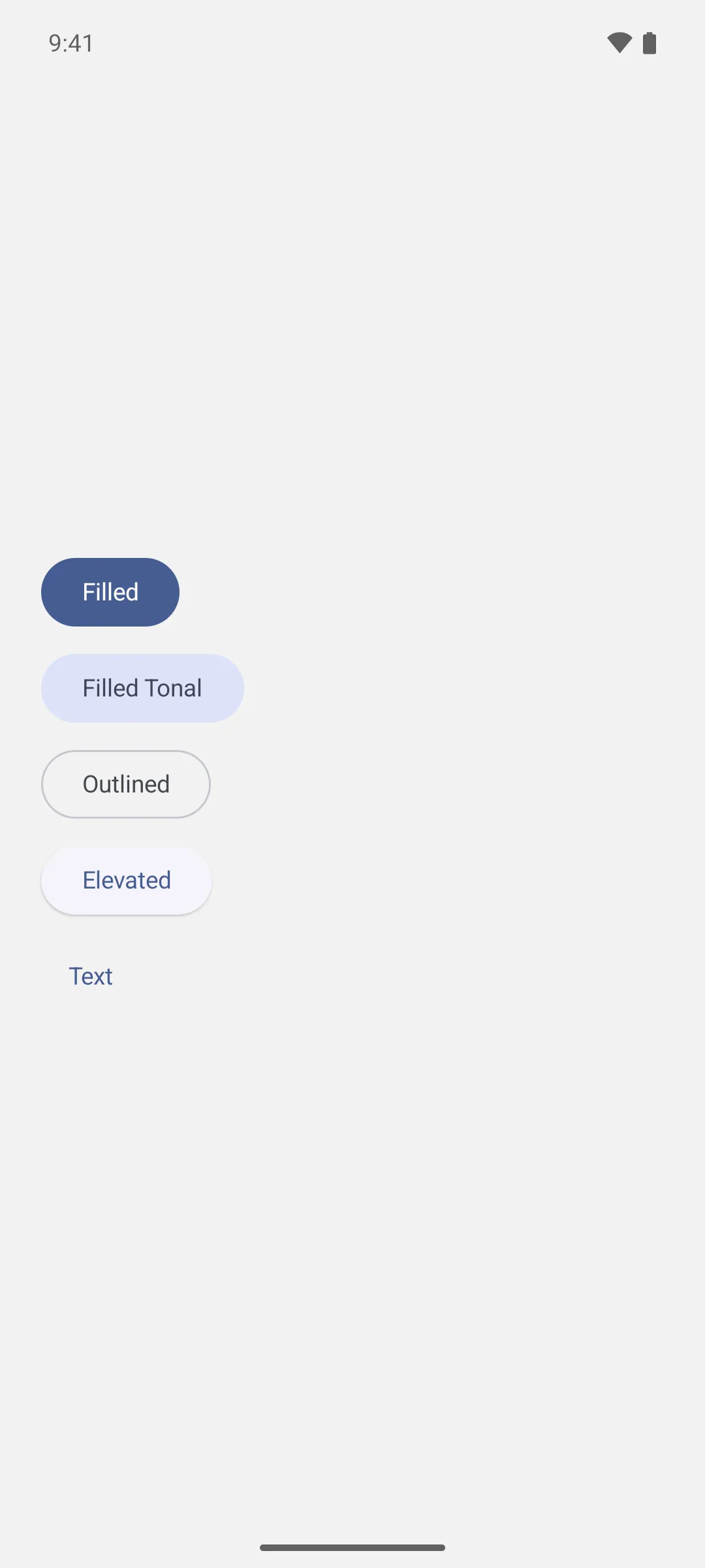 Filled, filled tonal, outlined, elevated, and text buttons stacked in a column