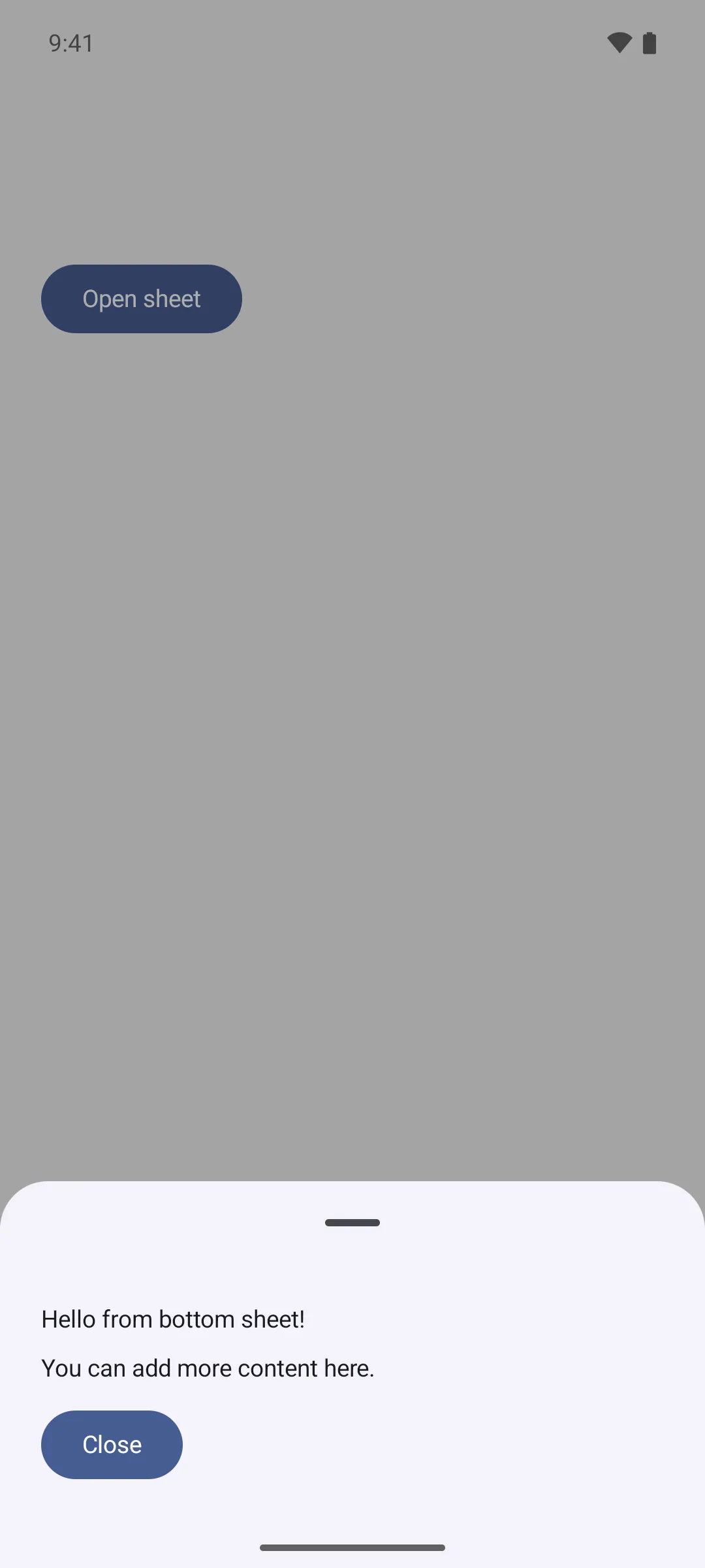 A bottom sheet resting at its partial height with two lines of text and a Close button