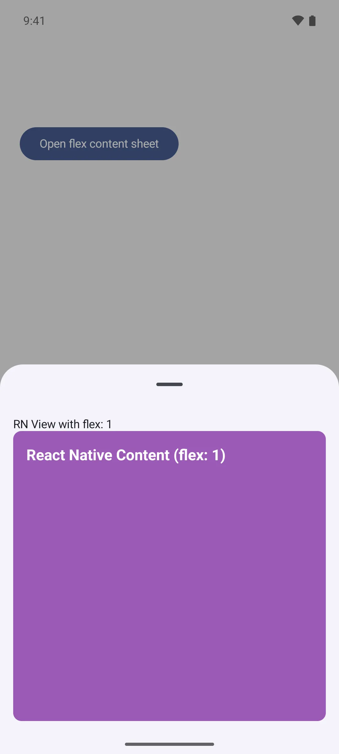 A bottom sheet filled by a purple React Native view that stretches to the sheet height