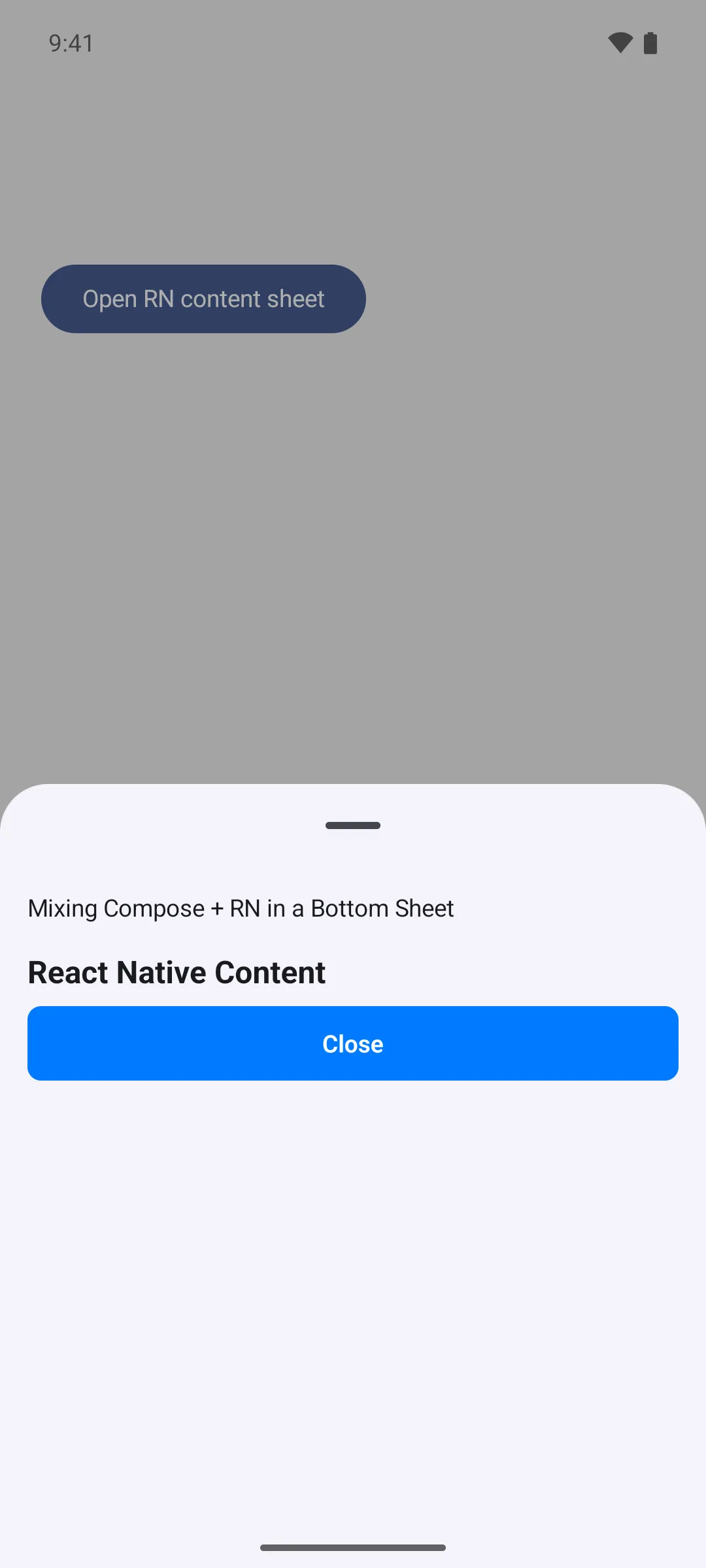 A bottom sheet mixing a Compose label with a React Native heading and blue Close button