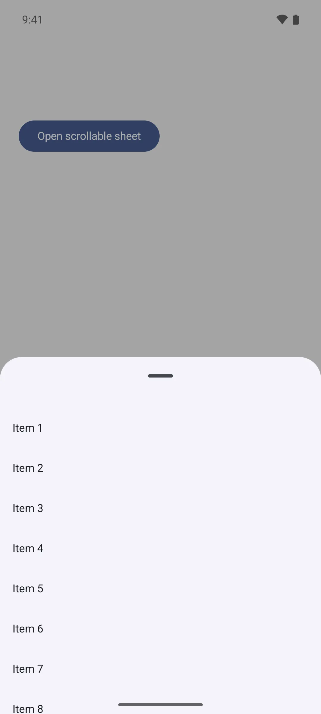 A bottom sheet holding a scrollable React Native list of items