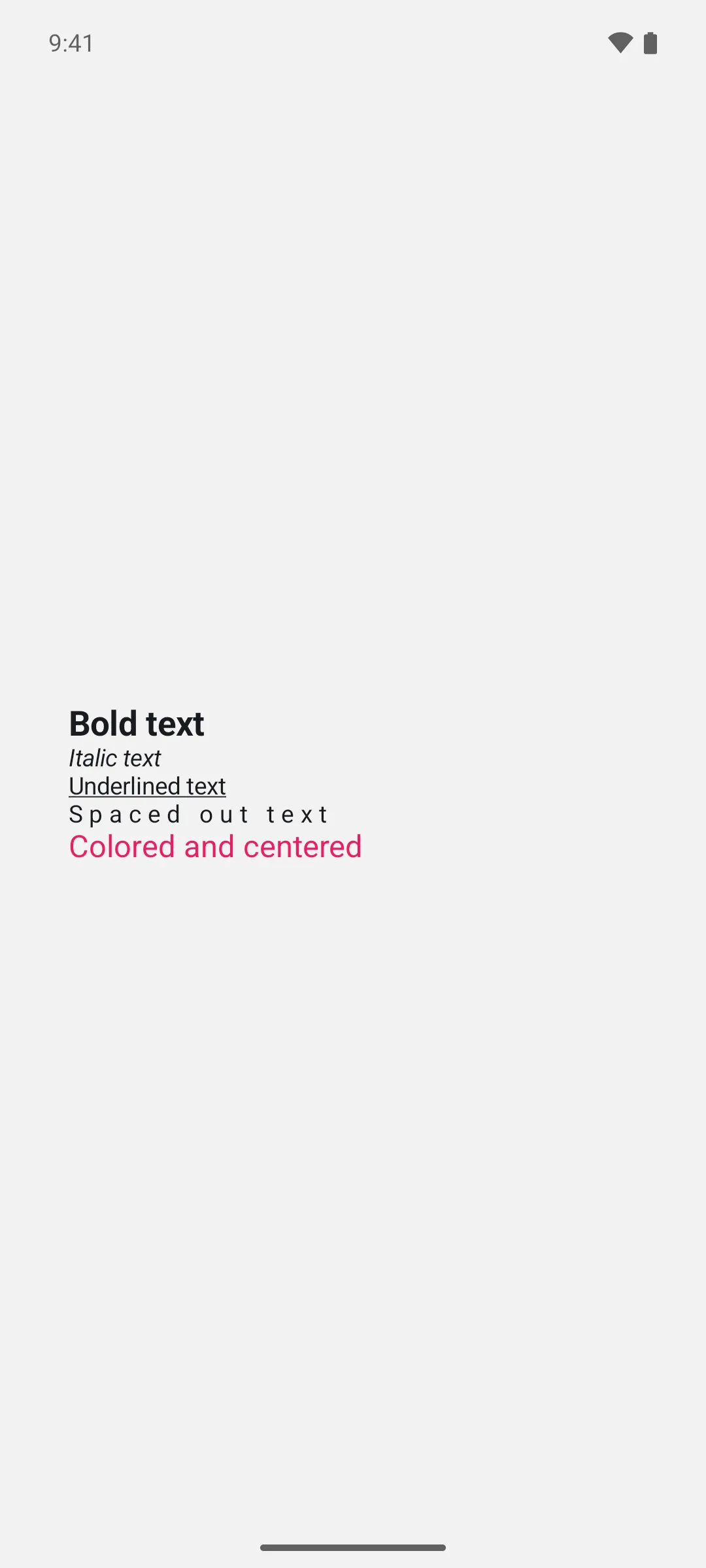 Five lines showing bold, italic, underlined, letter-spaced, and pink centered text
