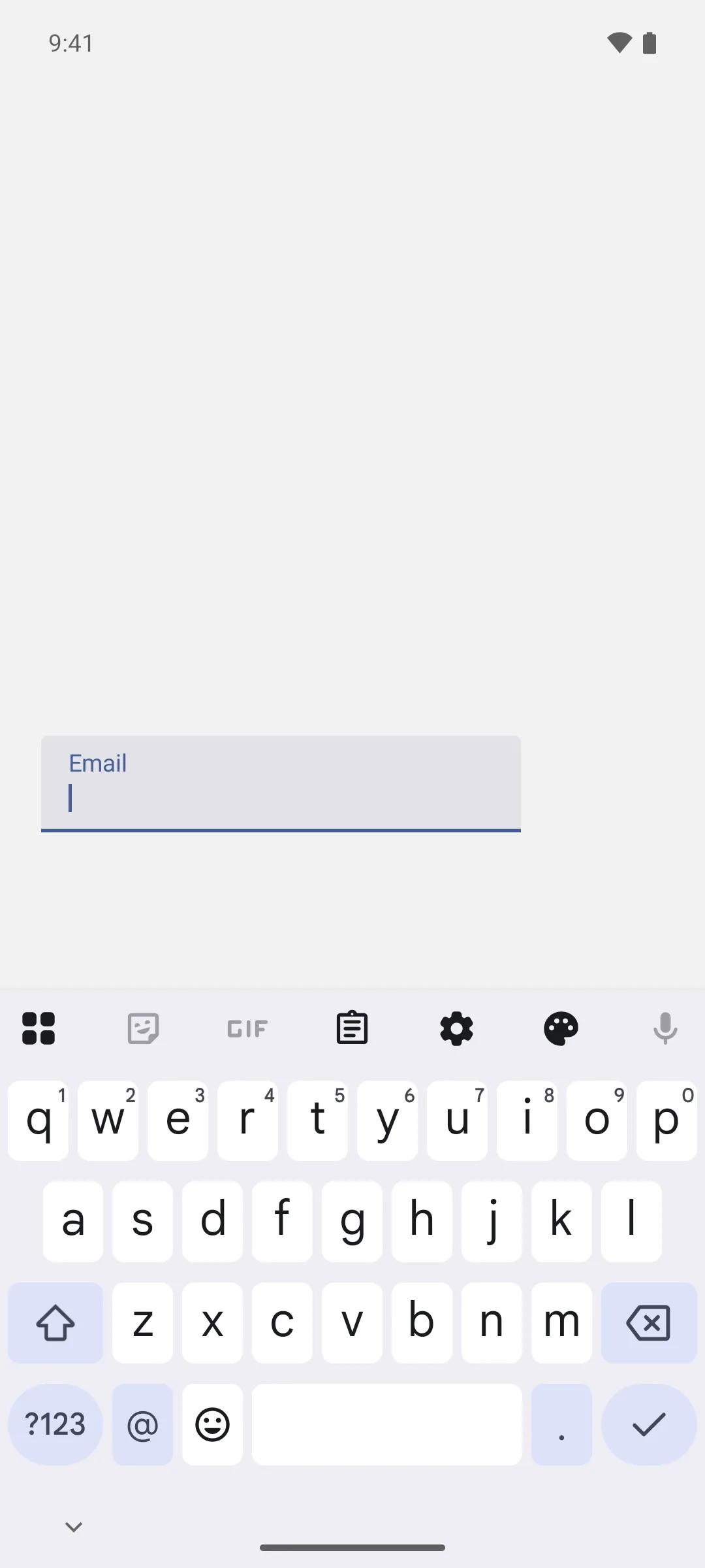 A focused email field above the email keyboard, which shows a dedicated at-sign key and a done action