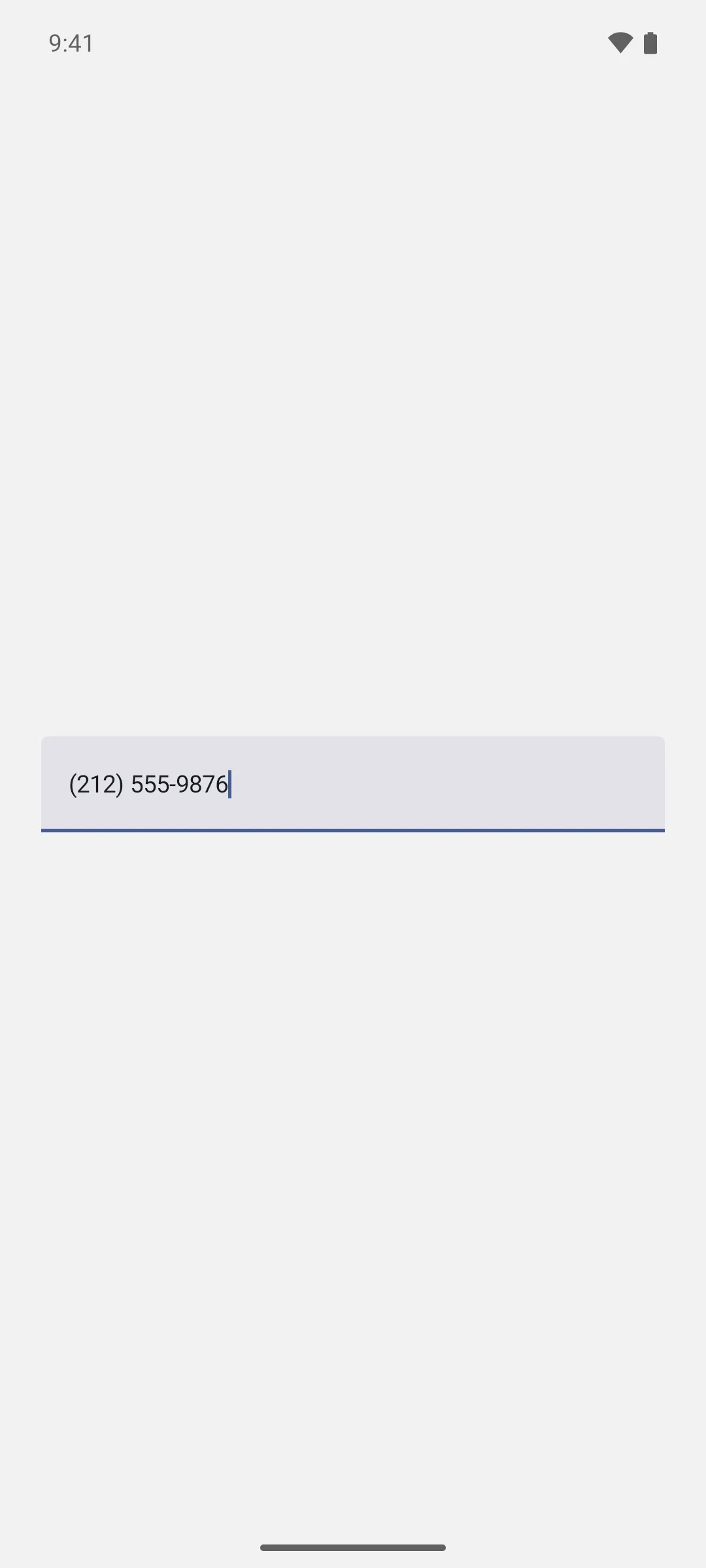 A full-width text field showing 2125559876 masked as a formatted phone number