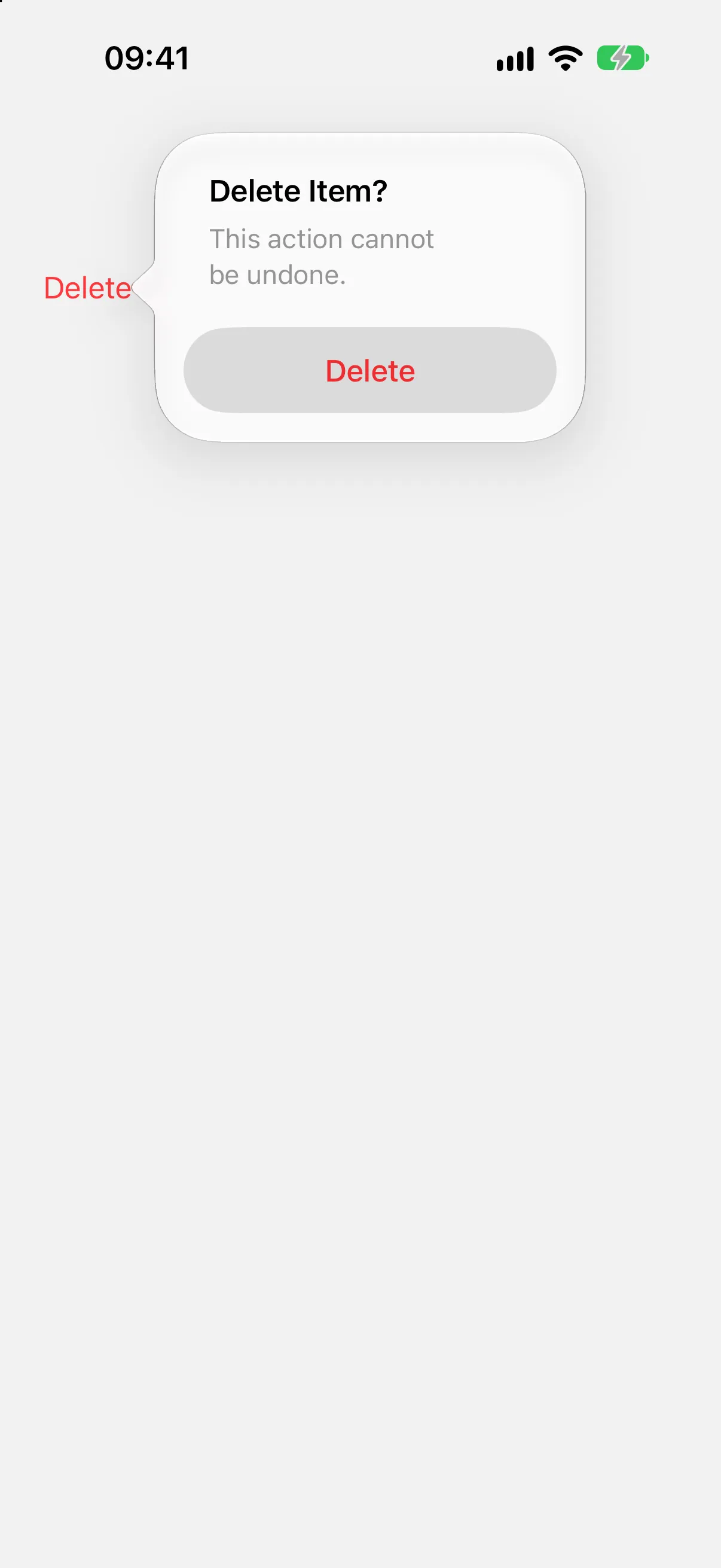 A dialog titled Delete Item? with a message and a red Delete button