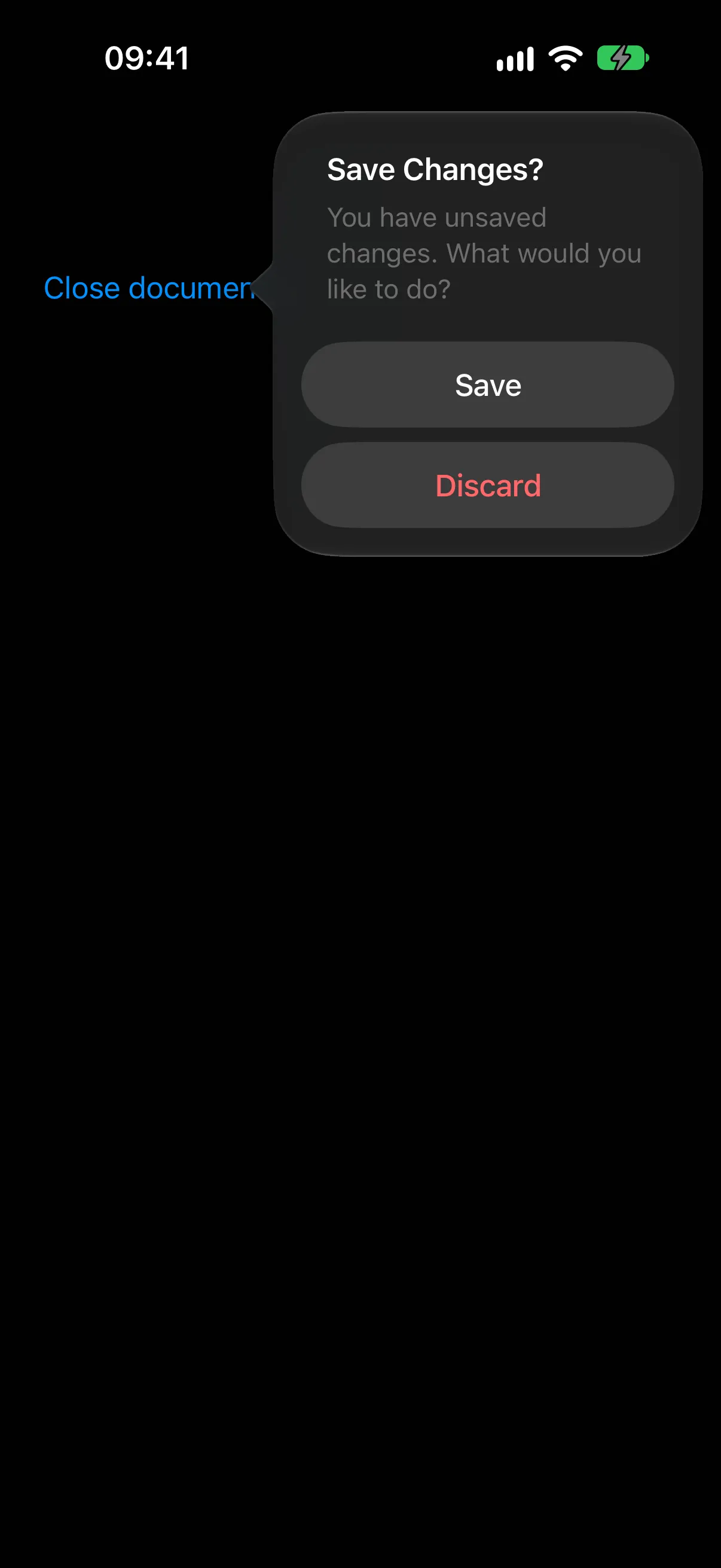 A dialog titled Save Changes? with a message, a Save button, and a red Discard button