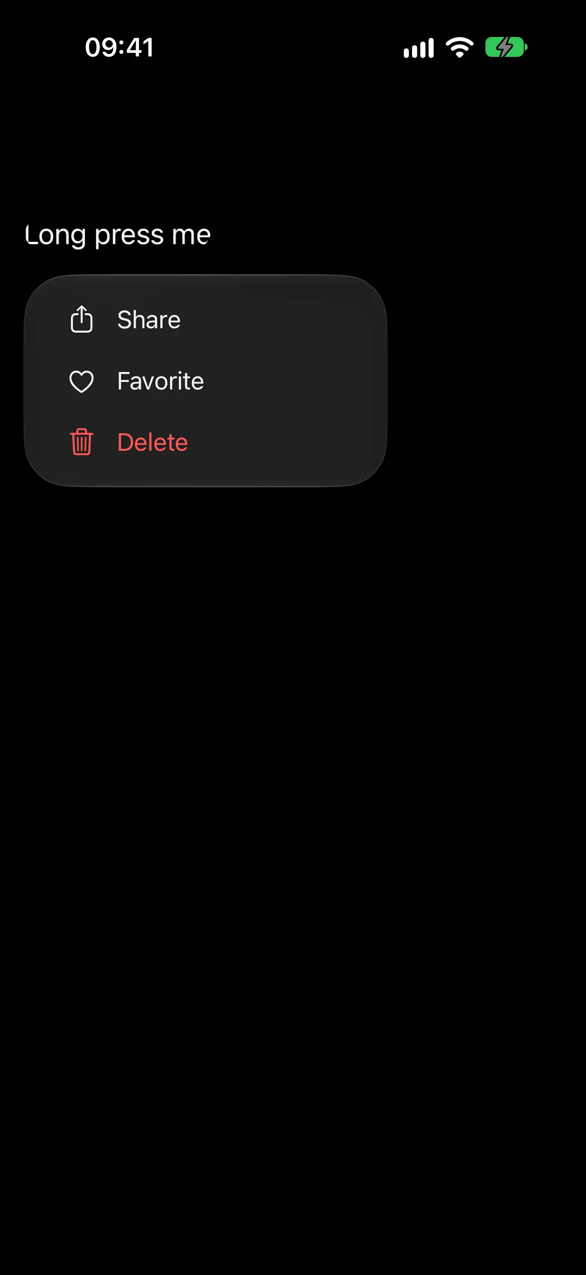 A context menu listing Share, Favorite, and a red Delete, each with an SF Symbol