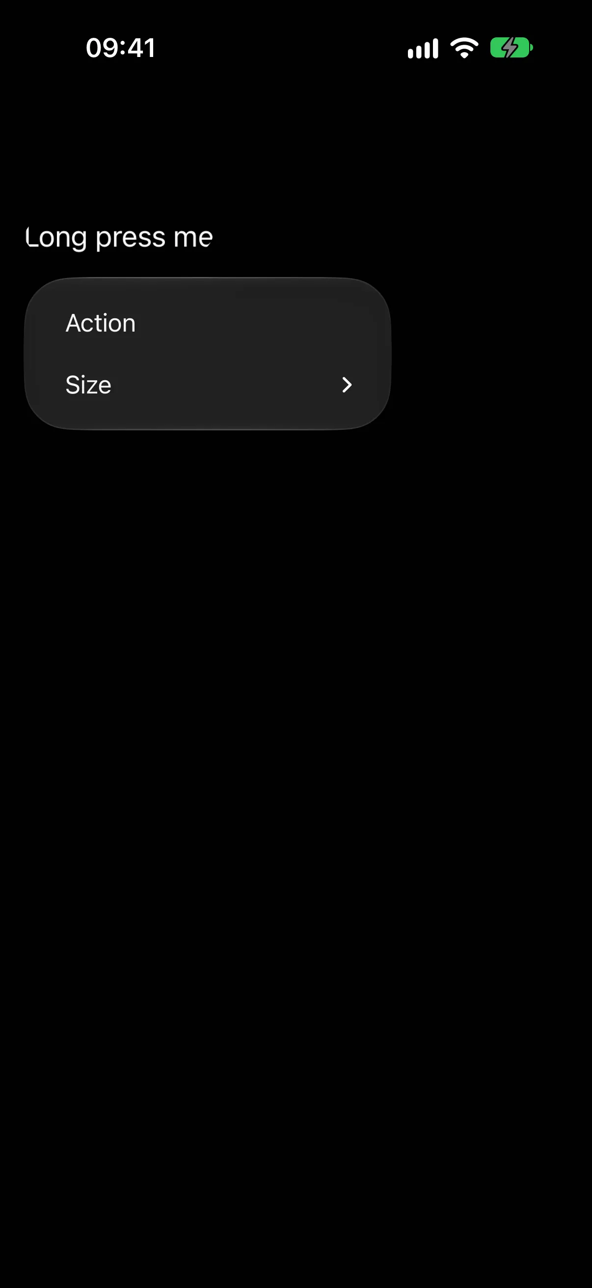 A context menu listing Action and a Size row with a submenu chevron