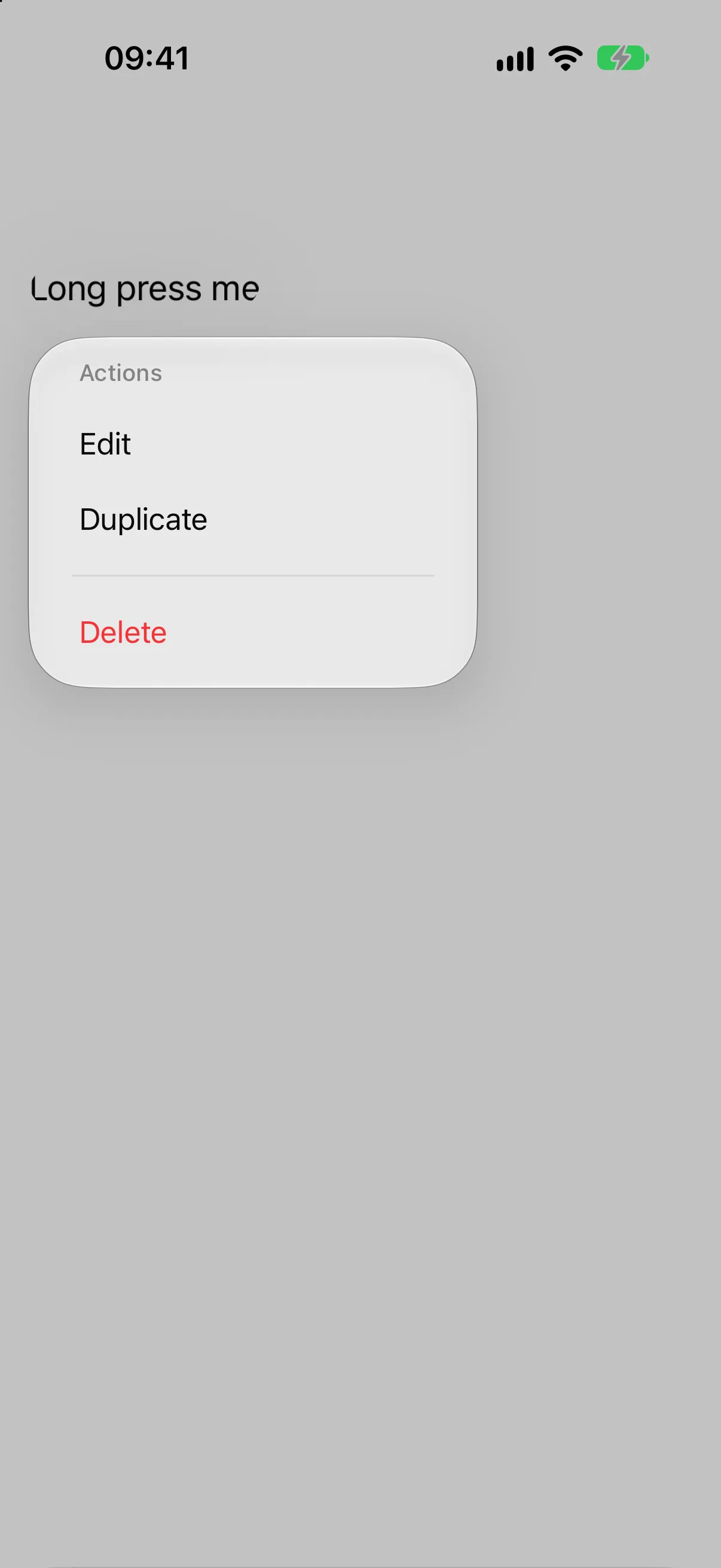 A context menu with an Actions section holding Edit and Duplicate, a divider, and Delete