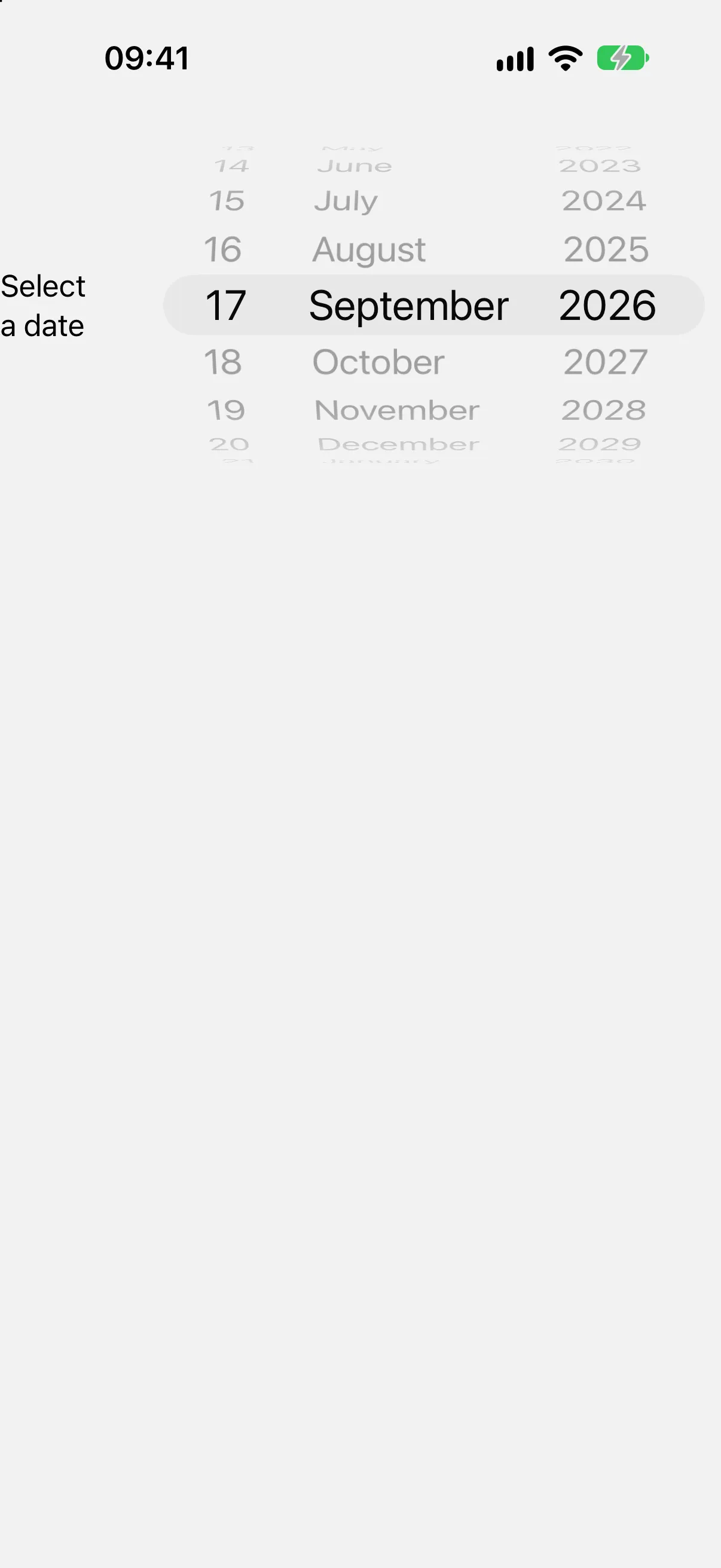 A wheel style picker with day, month, and year columns