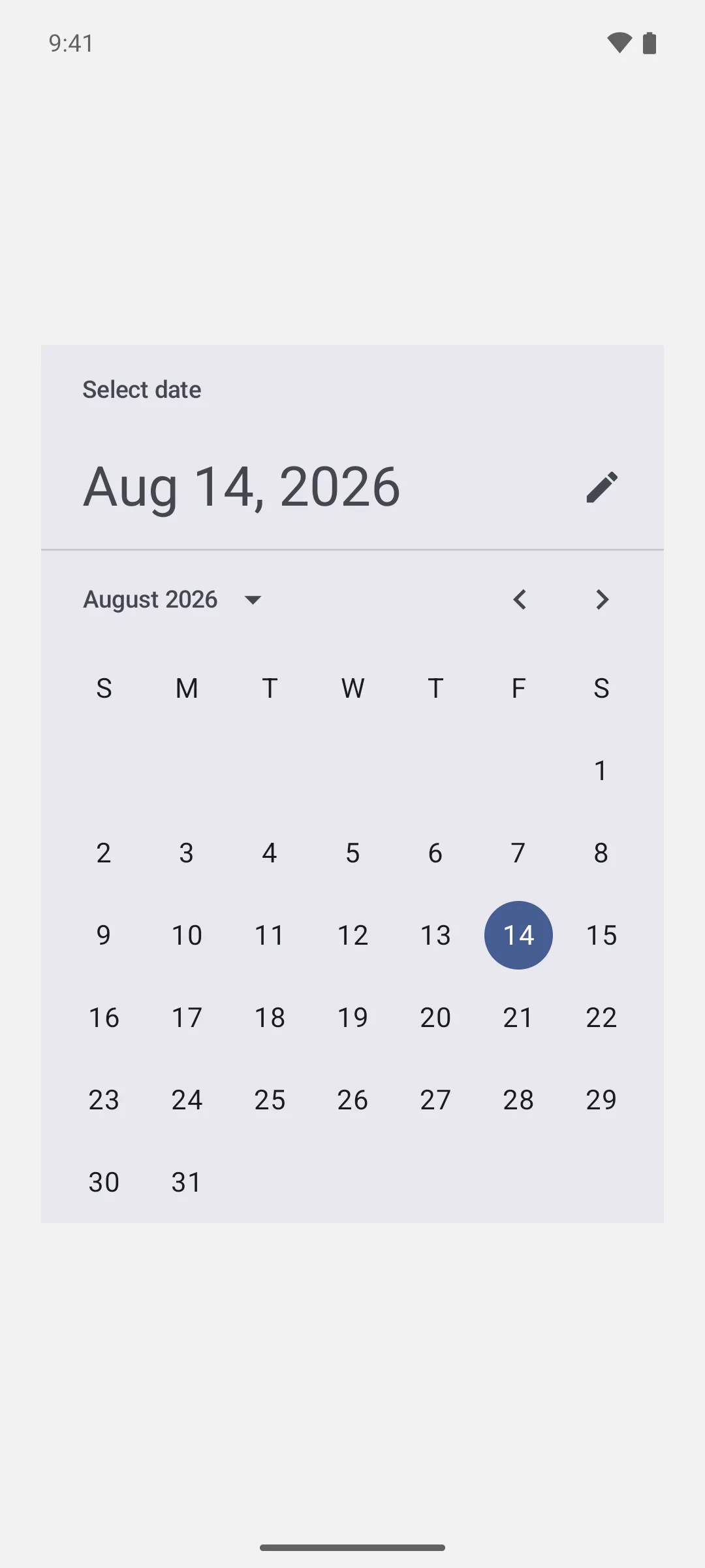 A Material 3 date picker showing August 2026 with the 14th selected