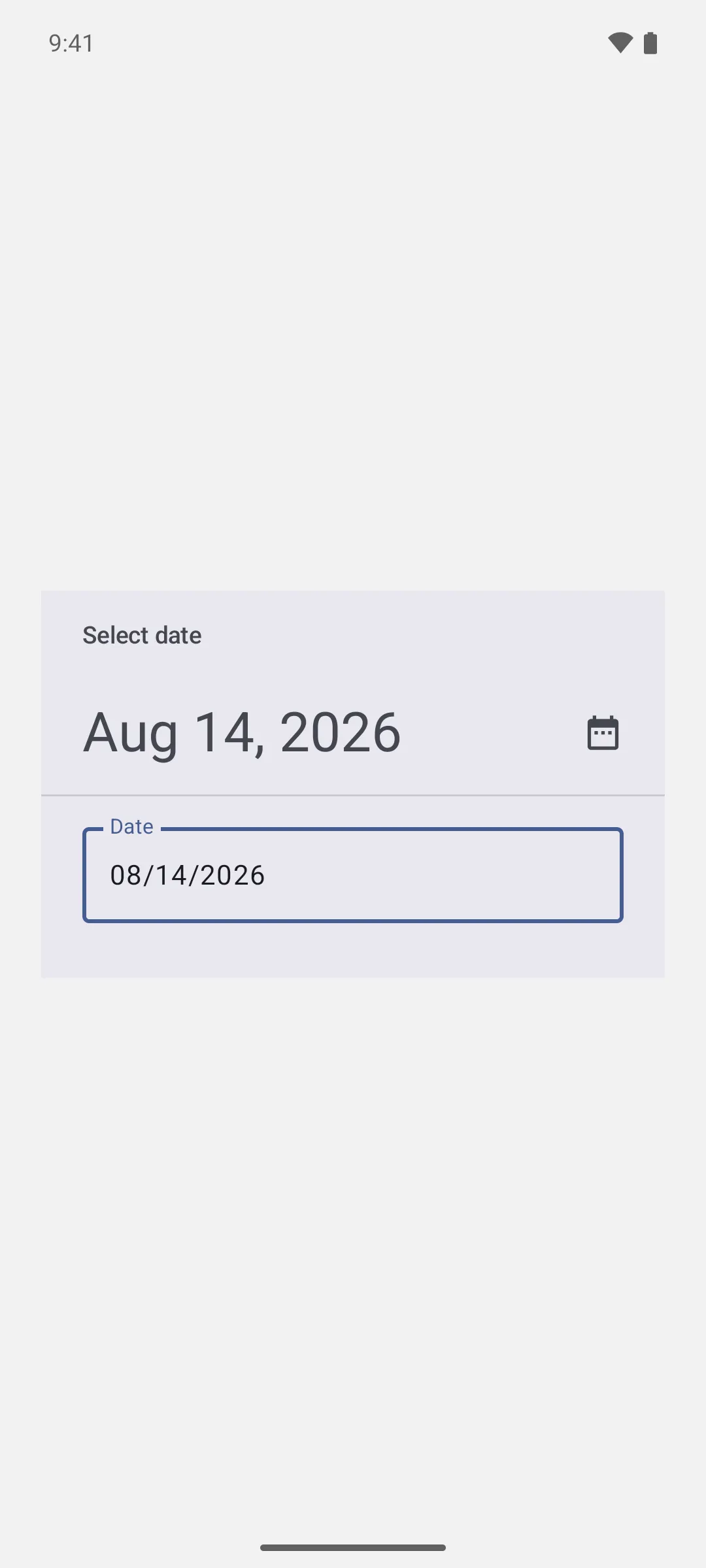 A date picker in input mode with a Date text field containing 08/14/2026
