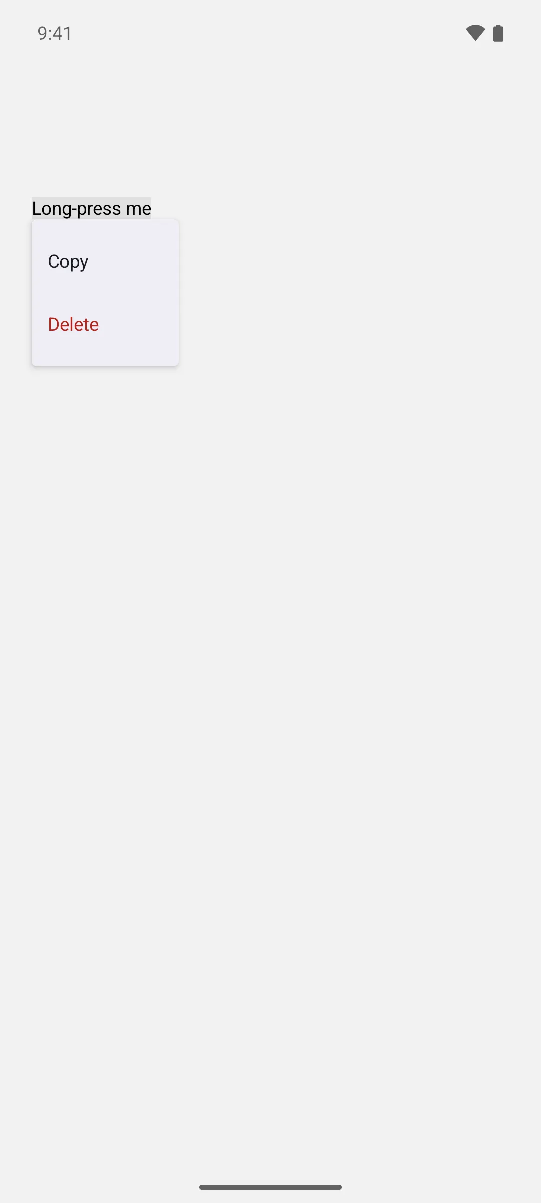A menu opened by long press, holding Copy and a red Delete item