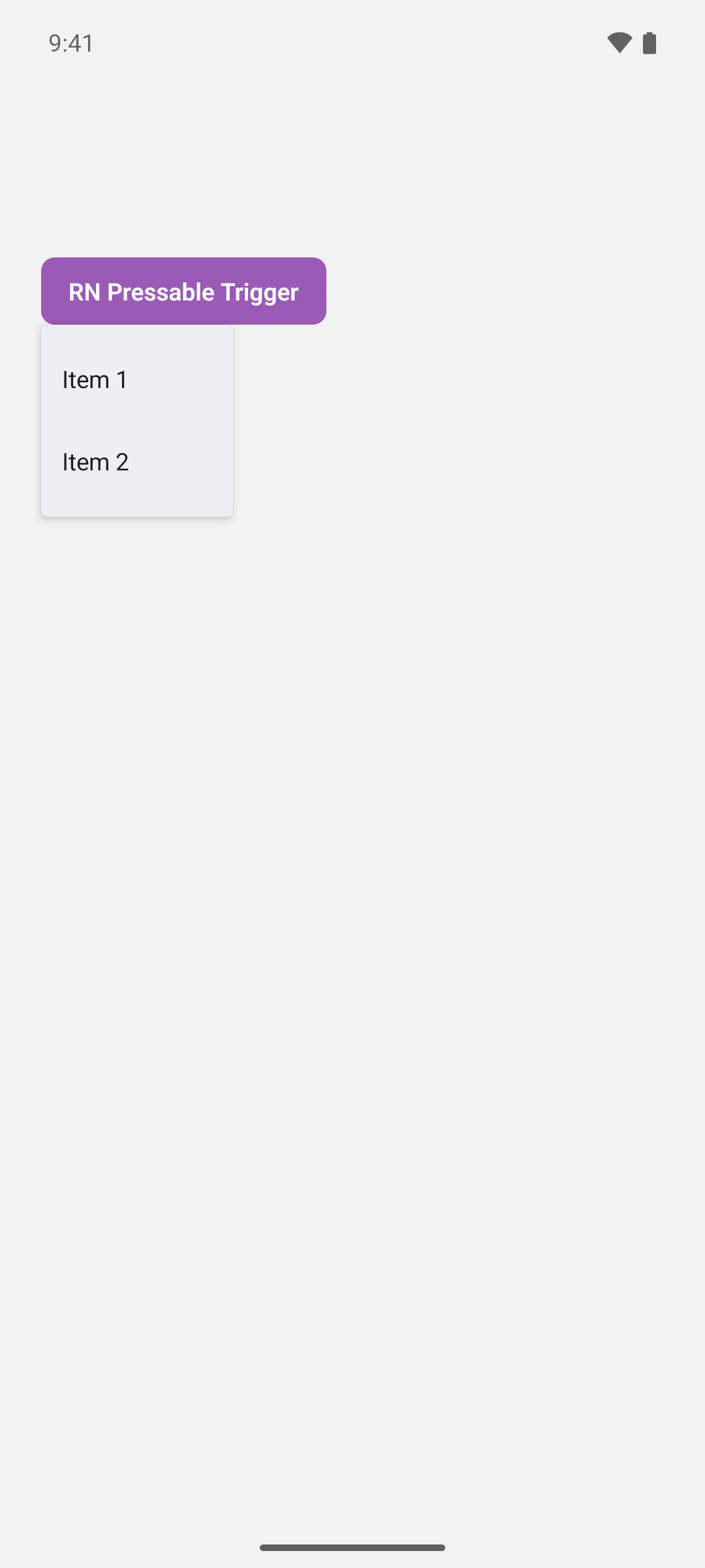 A purple React Native button with an open menu below it holding Item 1 and Item 2