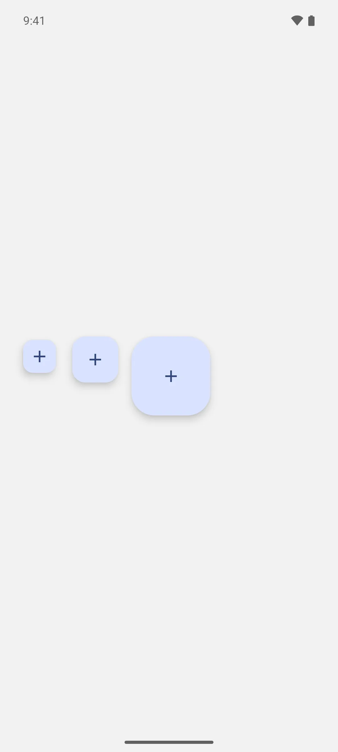 Small, standard, and large floating action buttons side by side, each with a plus icon