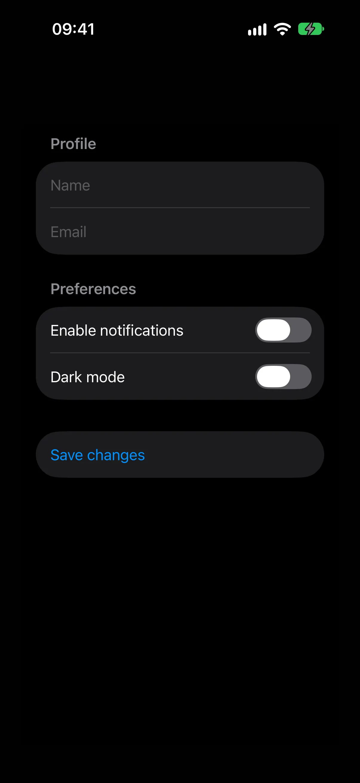 A form with a Profile section of two fields, a Preferences section of two toggles, and a Save changes button