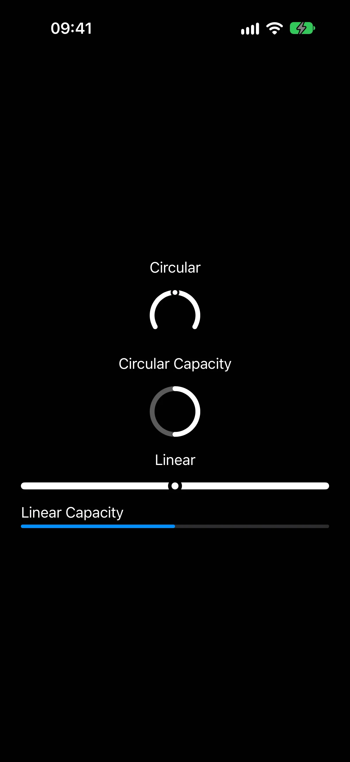 Circular, circular capacity, linear, and linear capacity gauge styles rendered on iOS