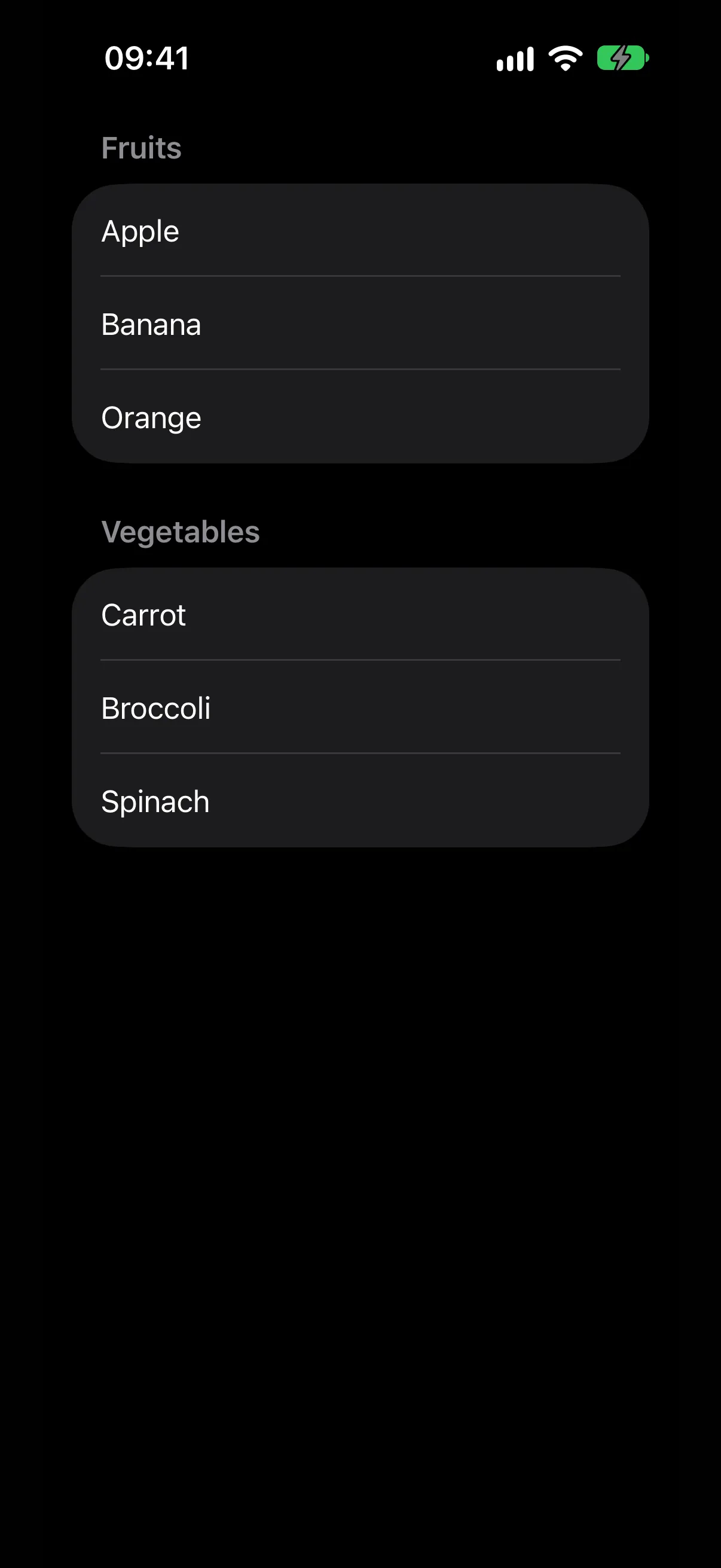 A list with Fruits and Vegetables sections