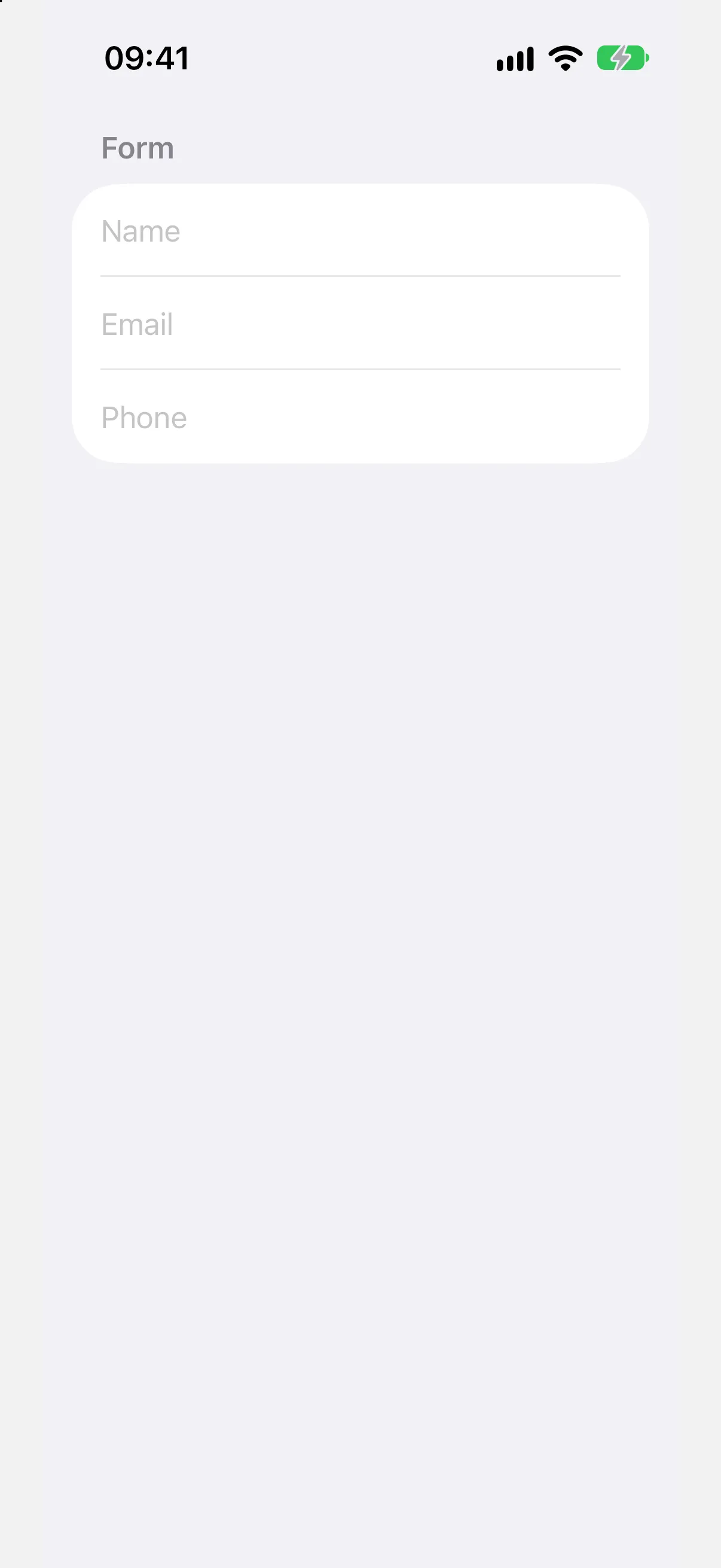 A form list with Name, Email, and Phone text fields