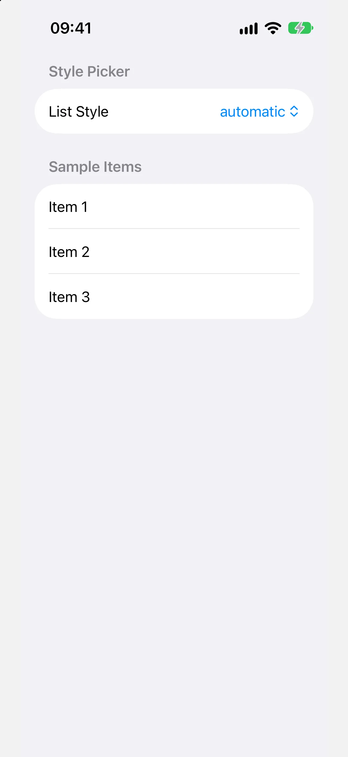 A list with a List Style menu picker set to automatic and three sample items