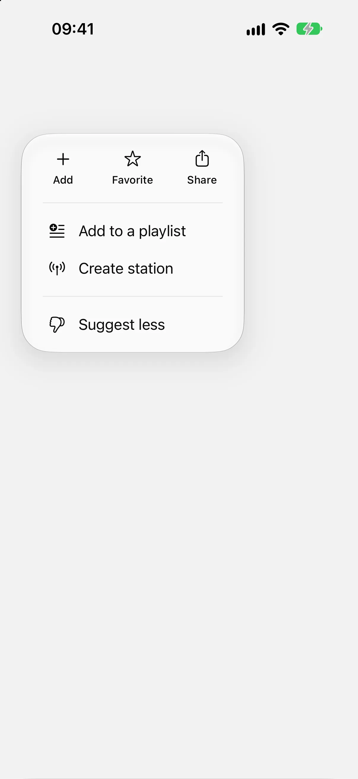 An open menu with an Add, Favorite, and Share row above two sections of list items