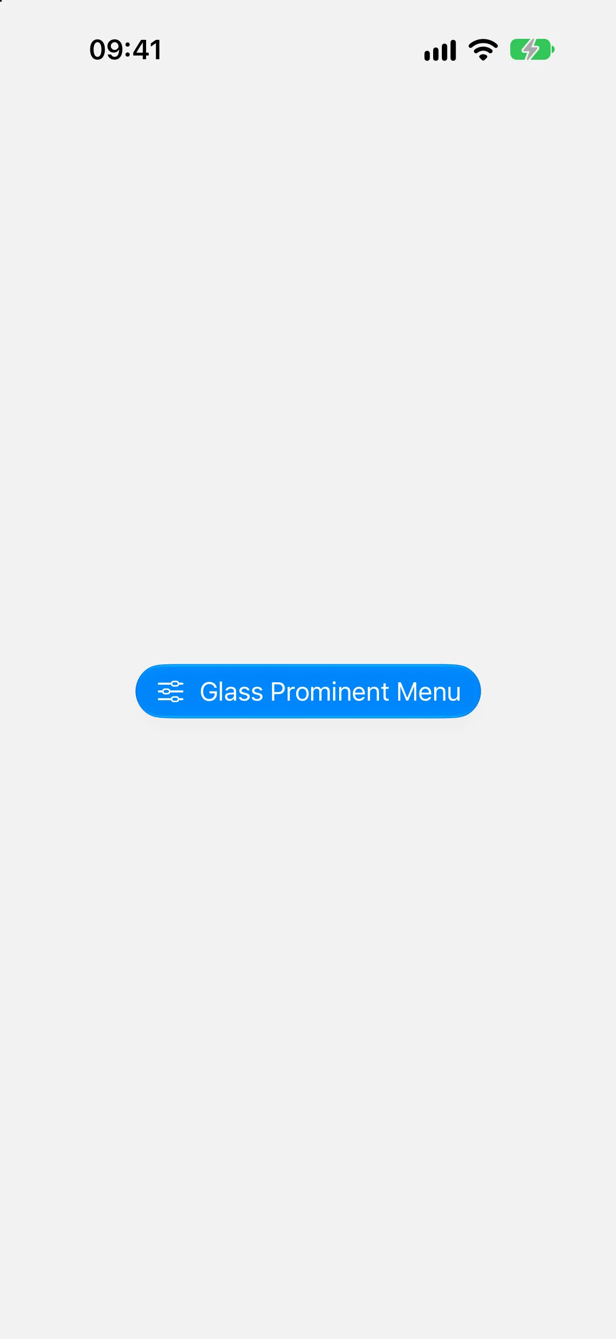 A menu trigger rendered as a prominent blue glass capsule with a sliders icon