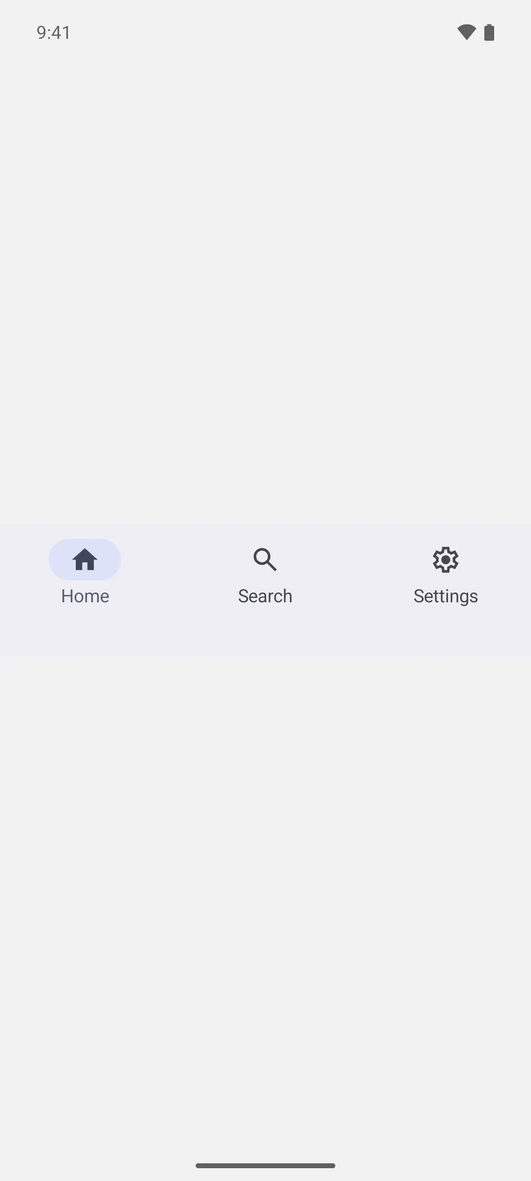 A Material 3 navigation bar with Home, Search, and Settings items, Home selected