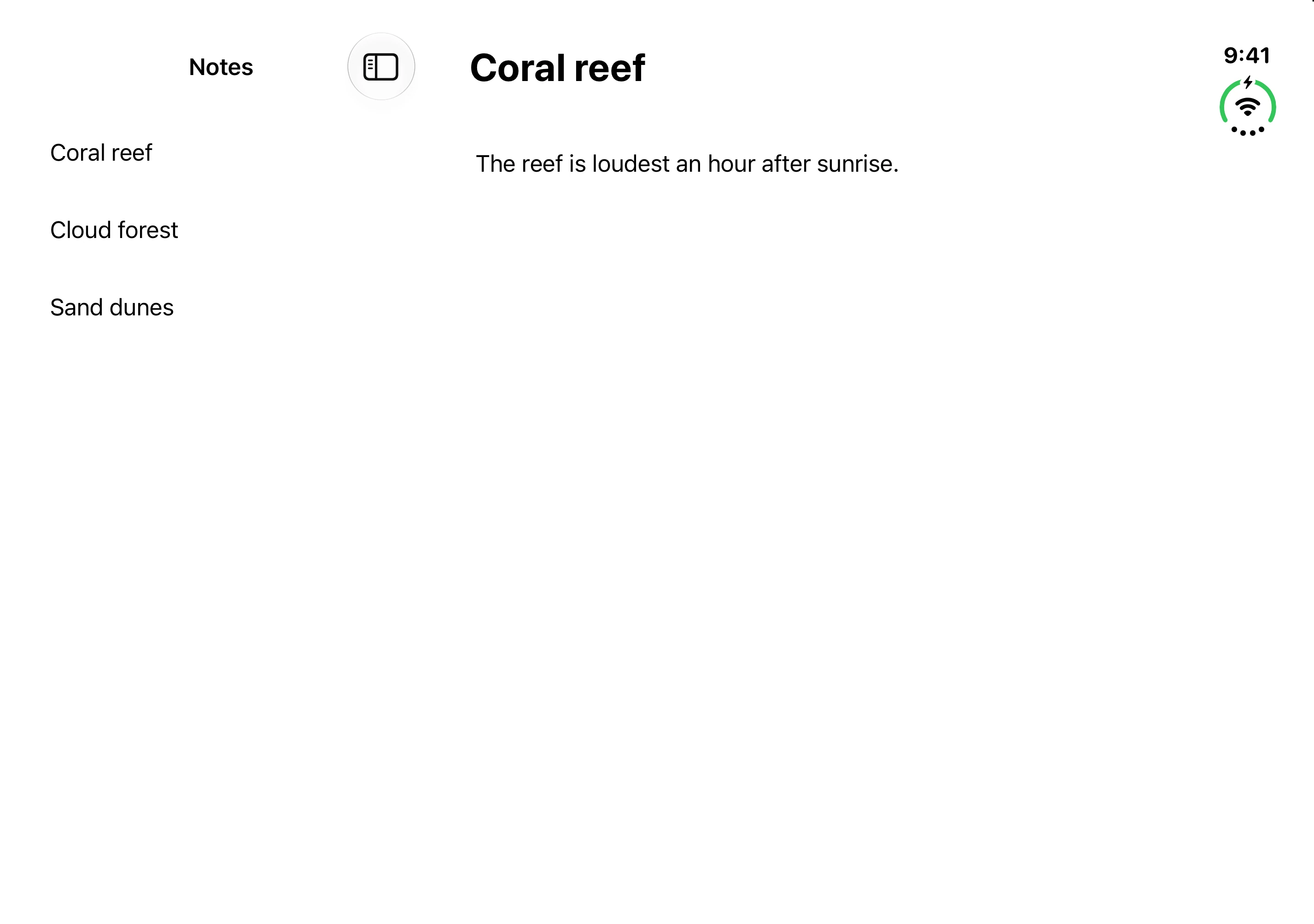 A Notes sidebar next to the detail of the selected Coral reef note