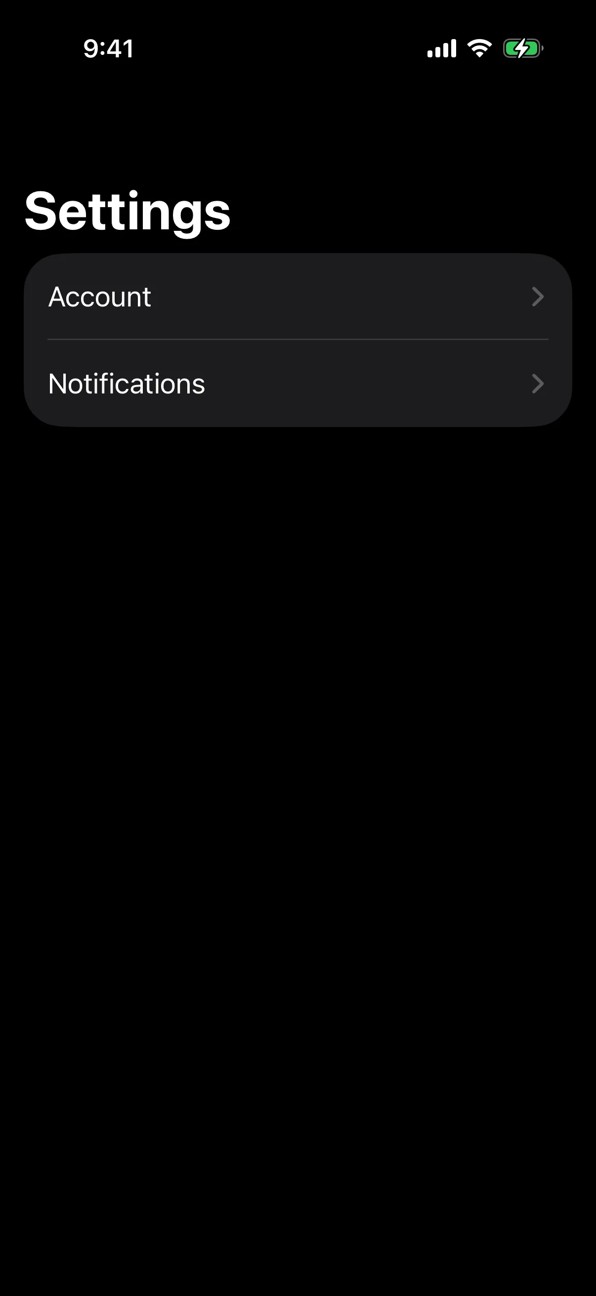 A Settings list with Account and Notifications rows, each with a chevron