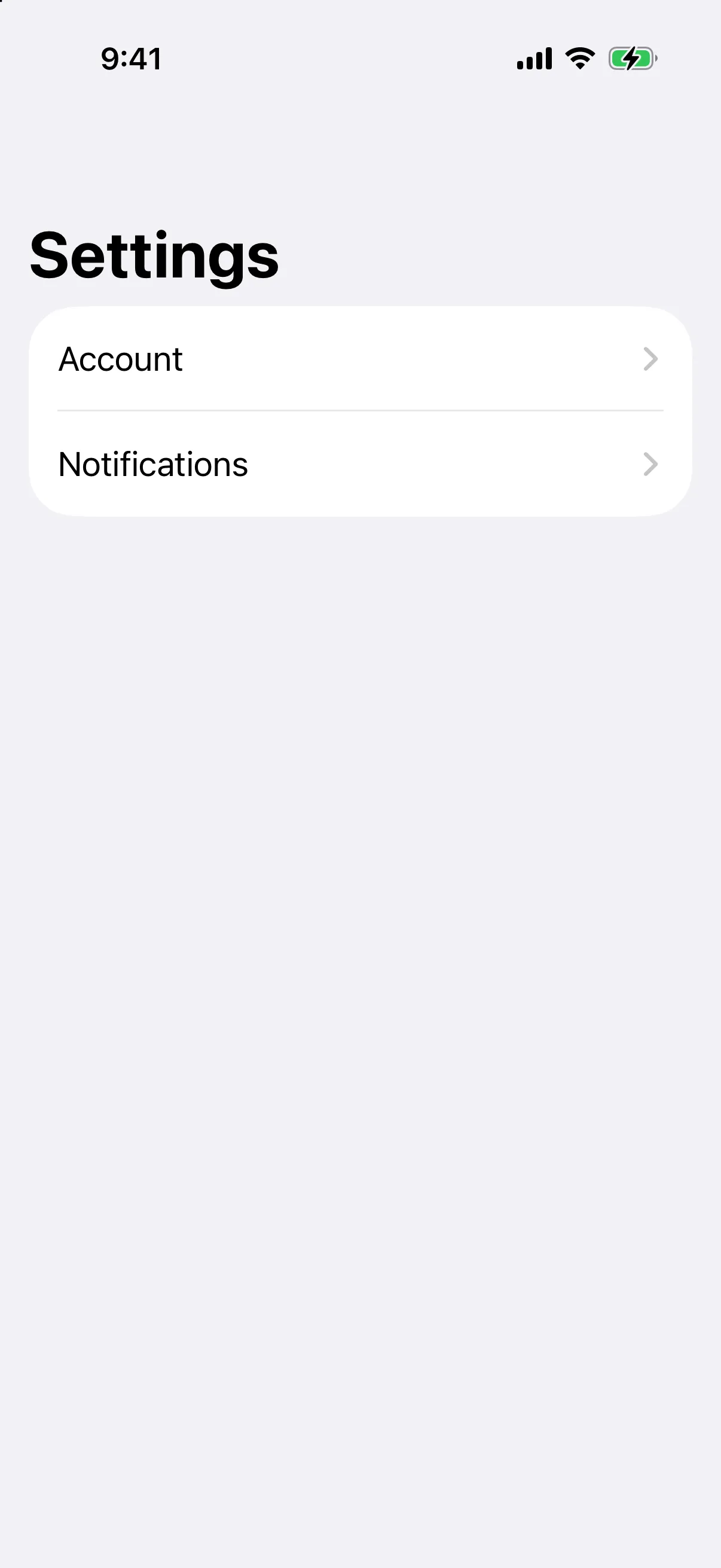A Settings list with Account and Notifications rows, each with a chevron