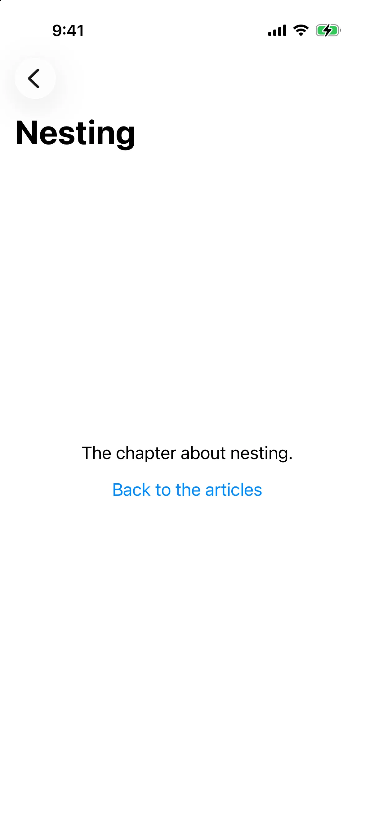 The pushed Nesting screen with a back button and a Back to the articles button