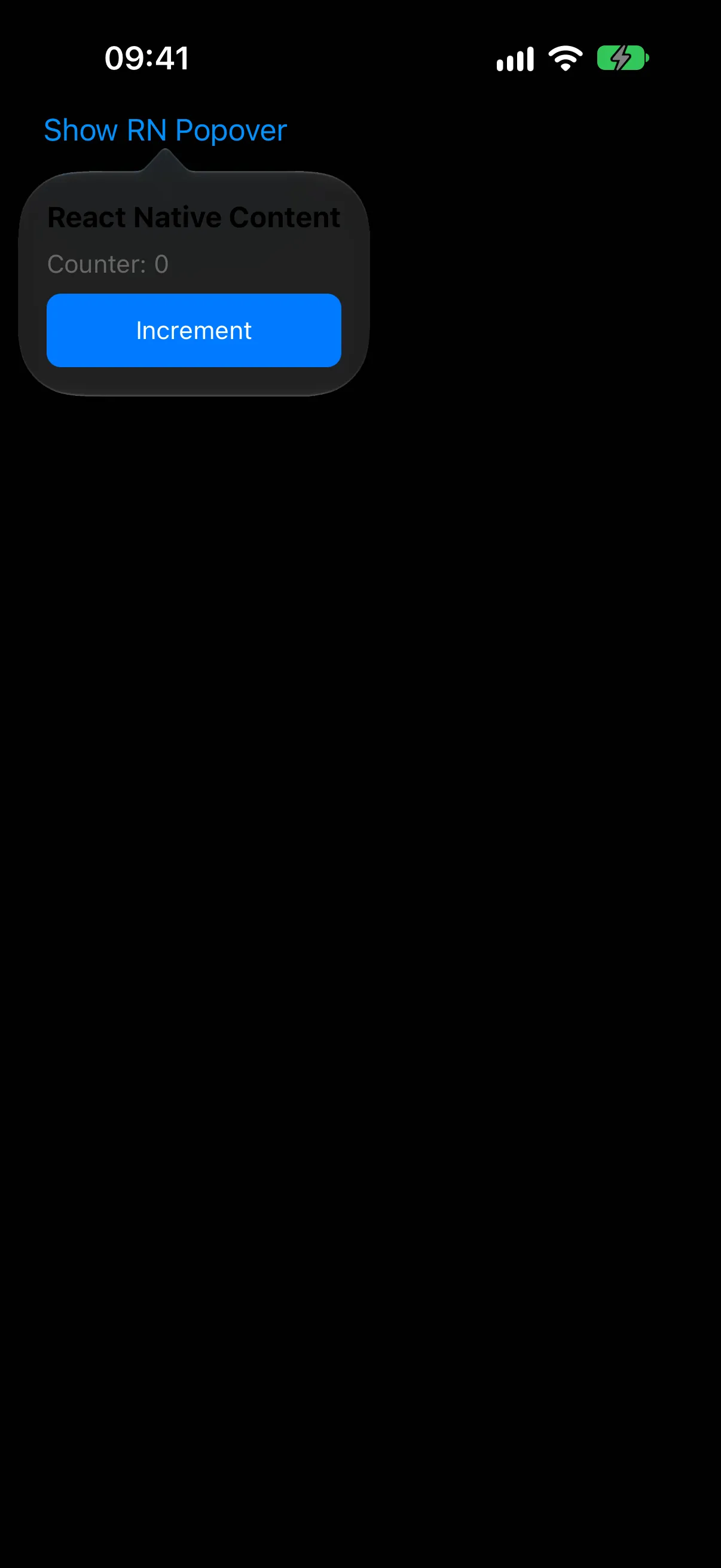 A popover containing React Native text, a counter, and a blue Increment button