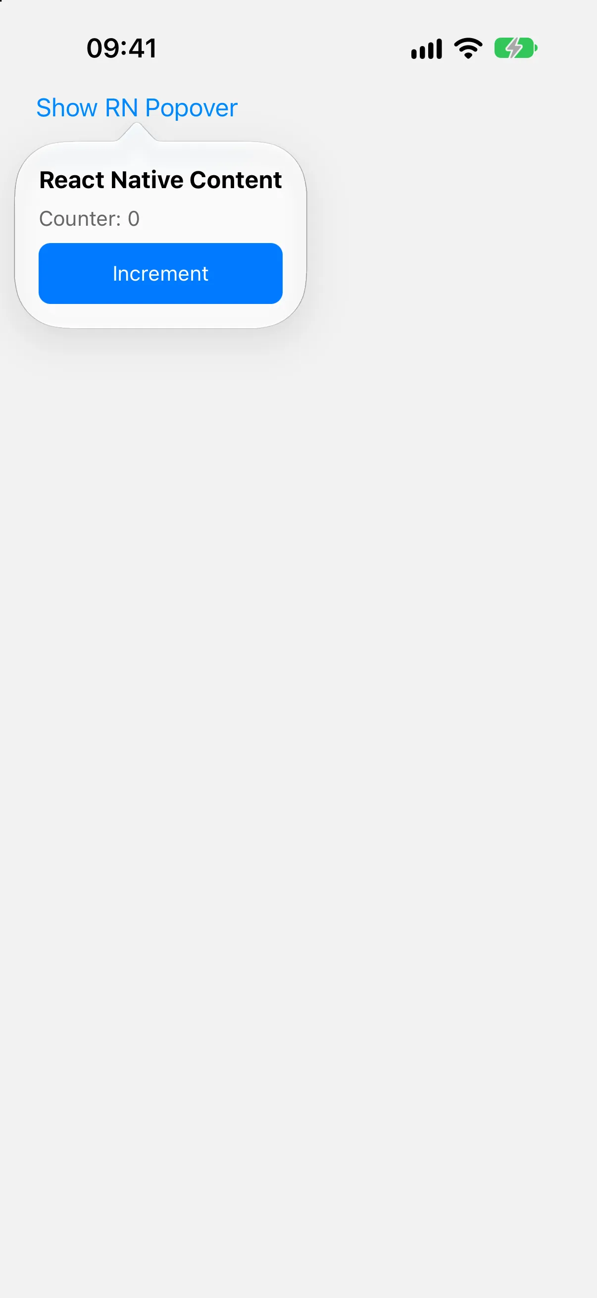 A popover containing React Native text, a counter, and a blue Increment button