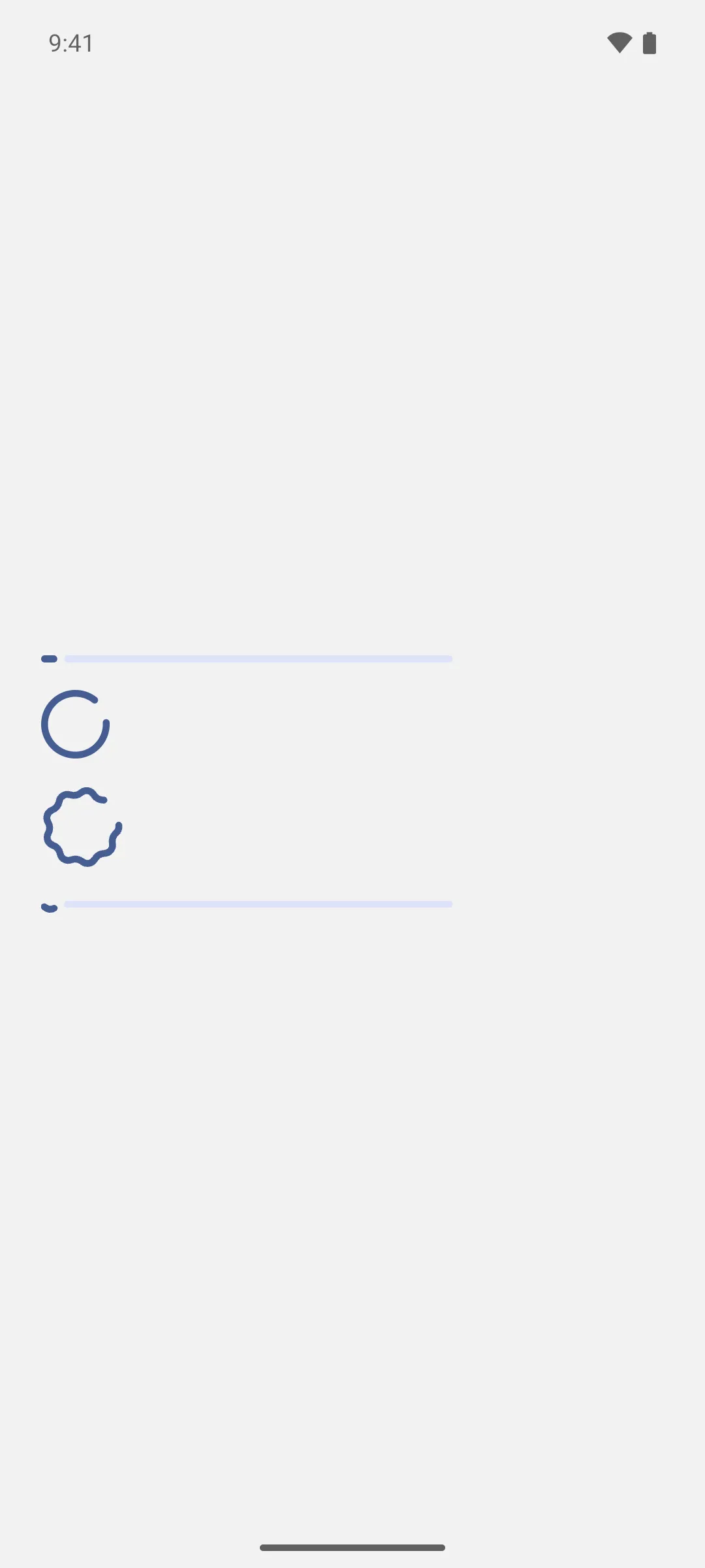 Linear, circular, wavy circular, and wavy linear indicators animating without a set value