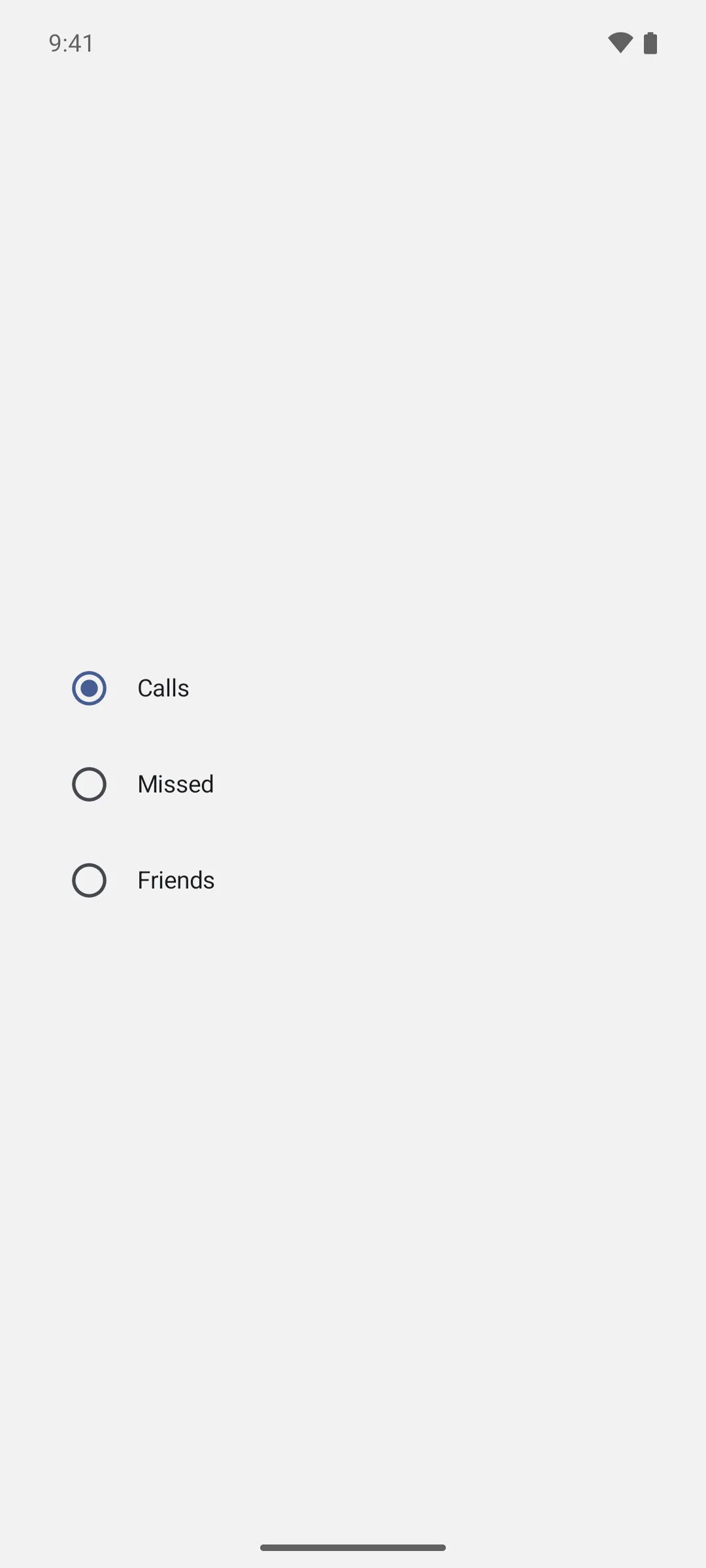 Three radio rows labelled Calls, Missed, and Friends, with Calls selected