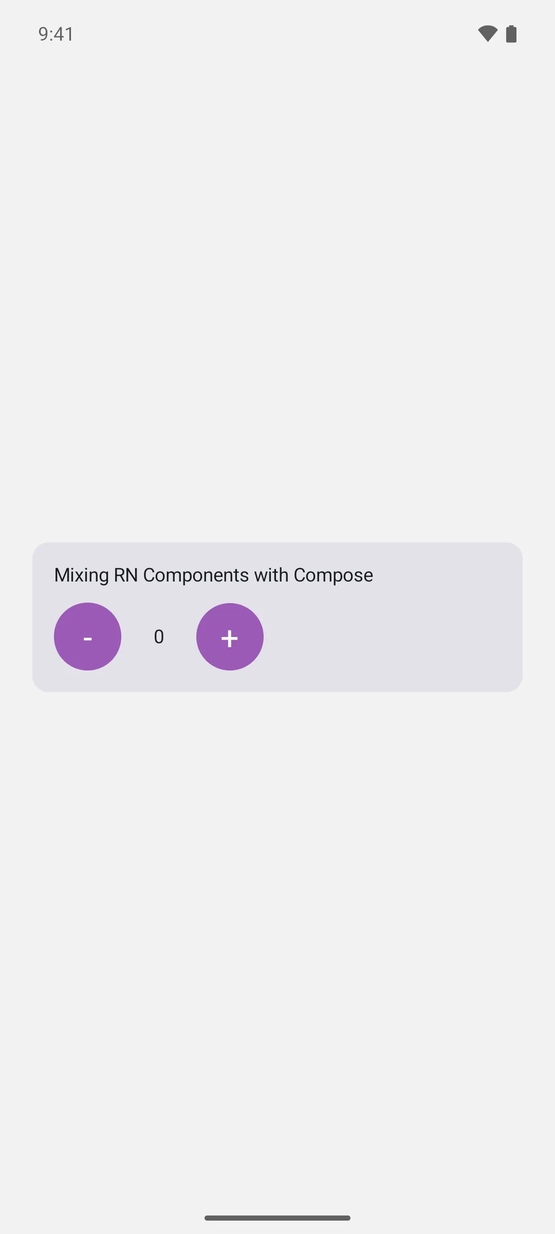 A Compose card with minus and plus React Native buttons either side of a Compose counter reading zero