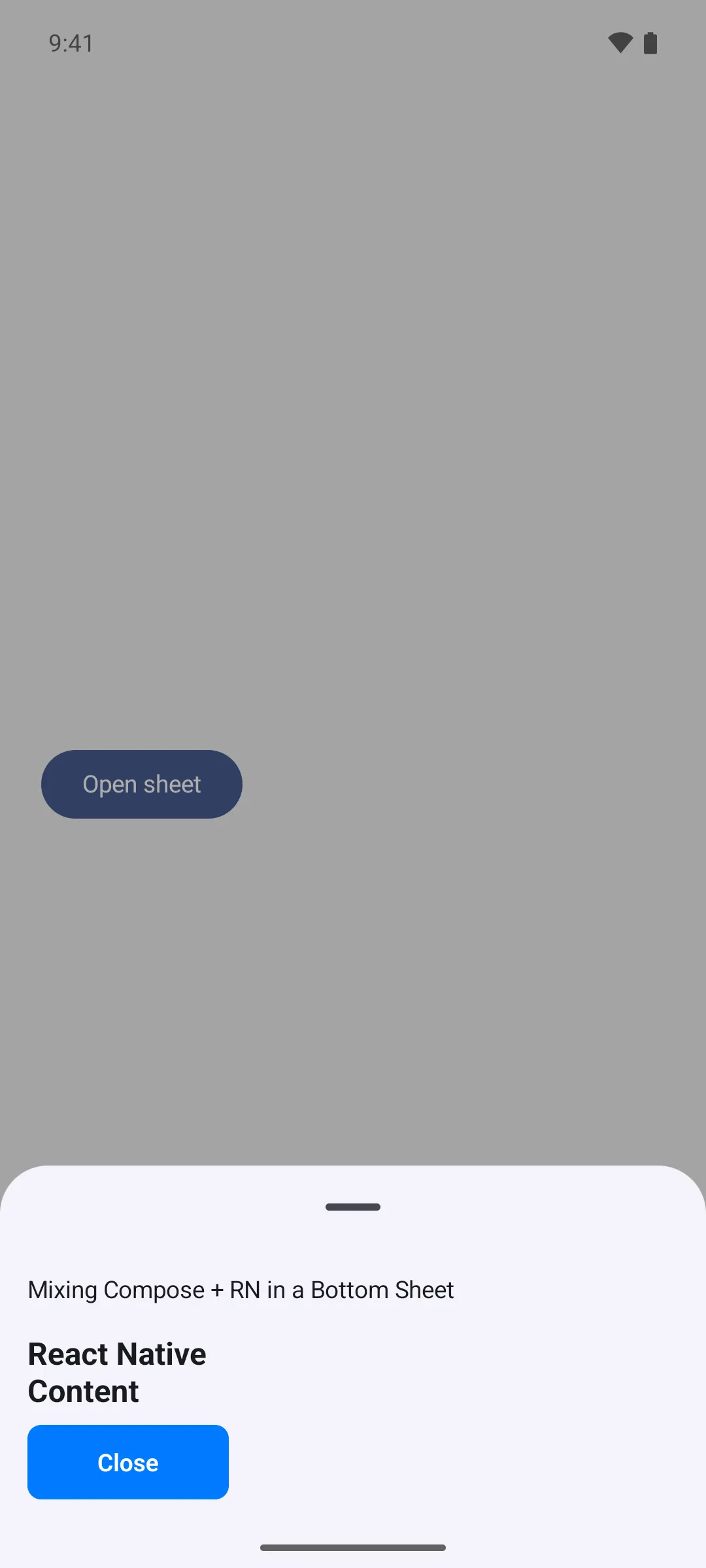 A bottom sheet with a Compose heading above React Native text and a blue Close button