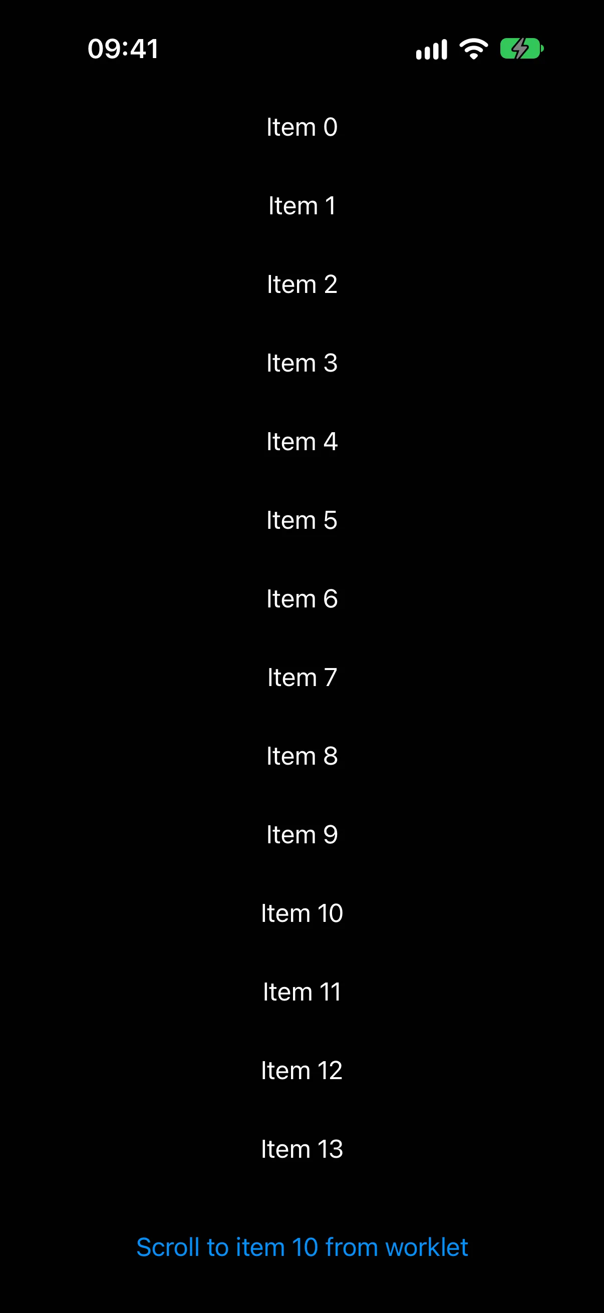 A scrollable list of items above a button labelled Scroll to item 10 from worklet.