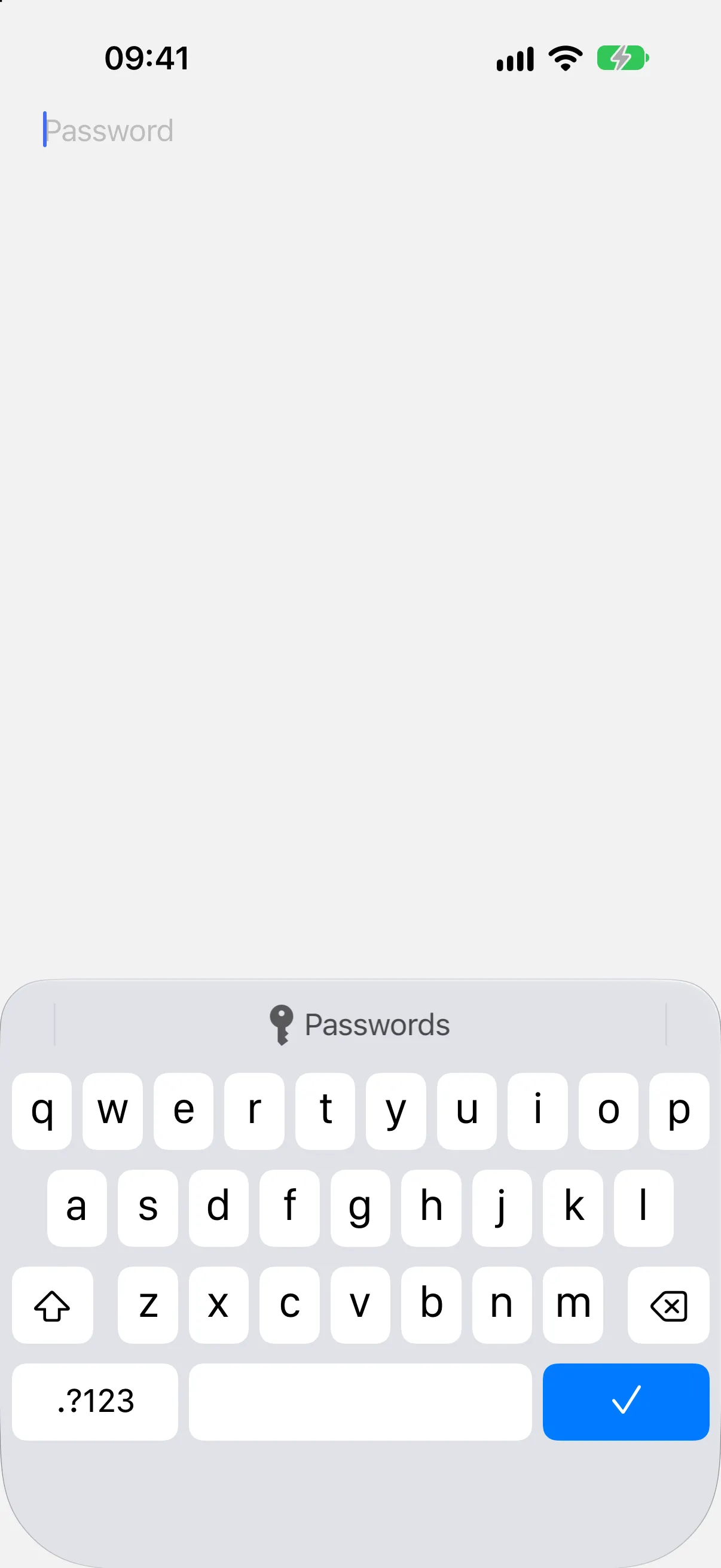 A focused secure field above the keyboard, whose submit key shows the done checkmark