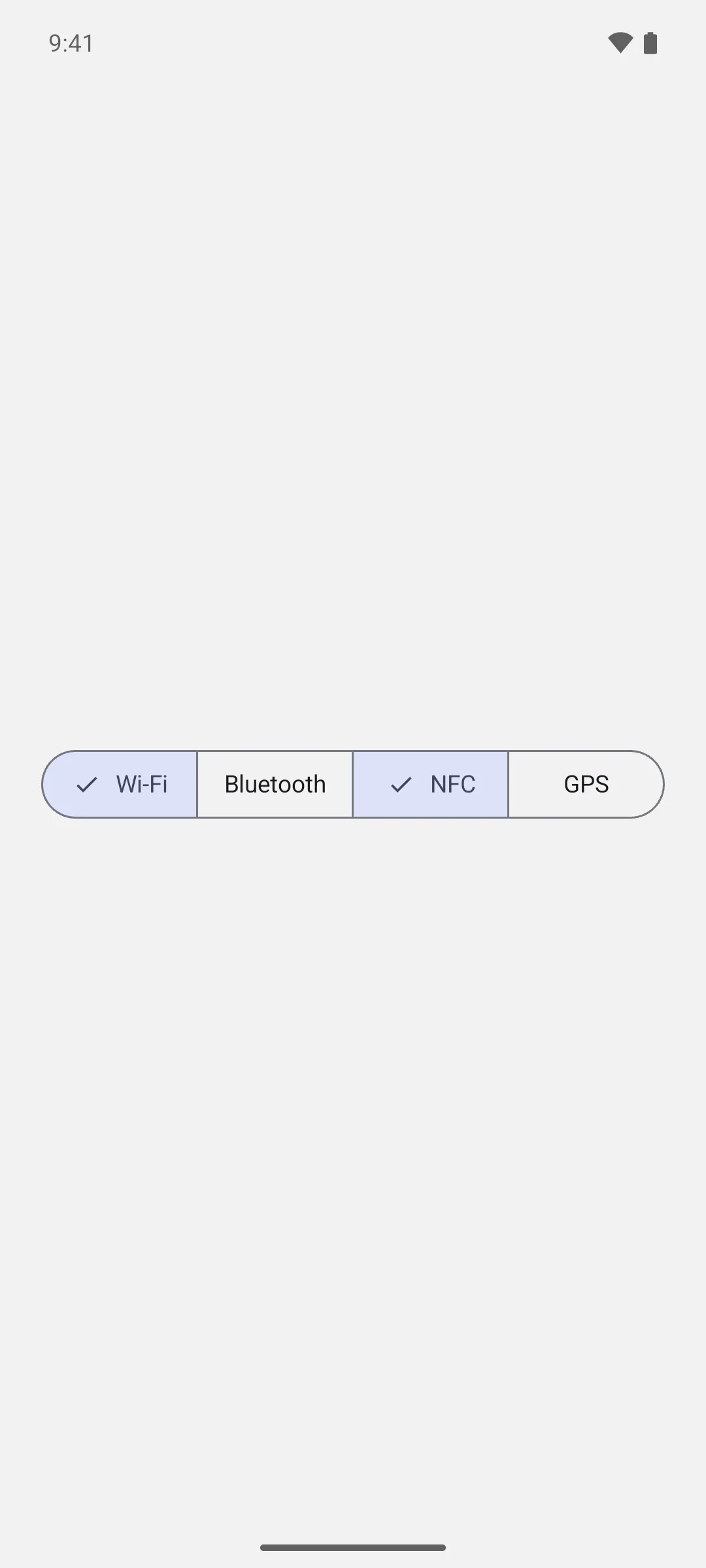 A multi-choice segmented row with Wi-Fi and NFC checked, Bluetooth and GPS unchecked