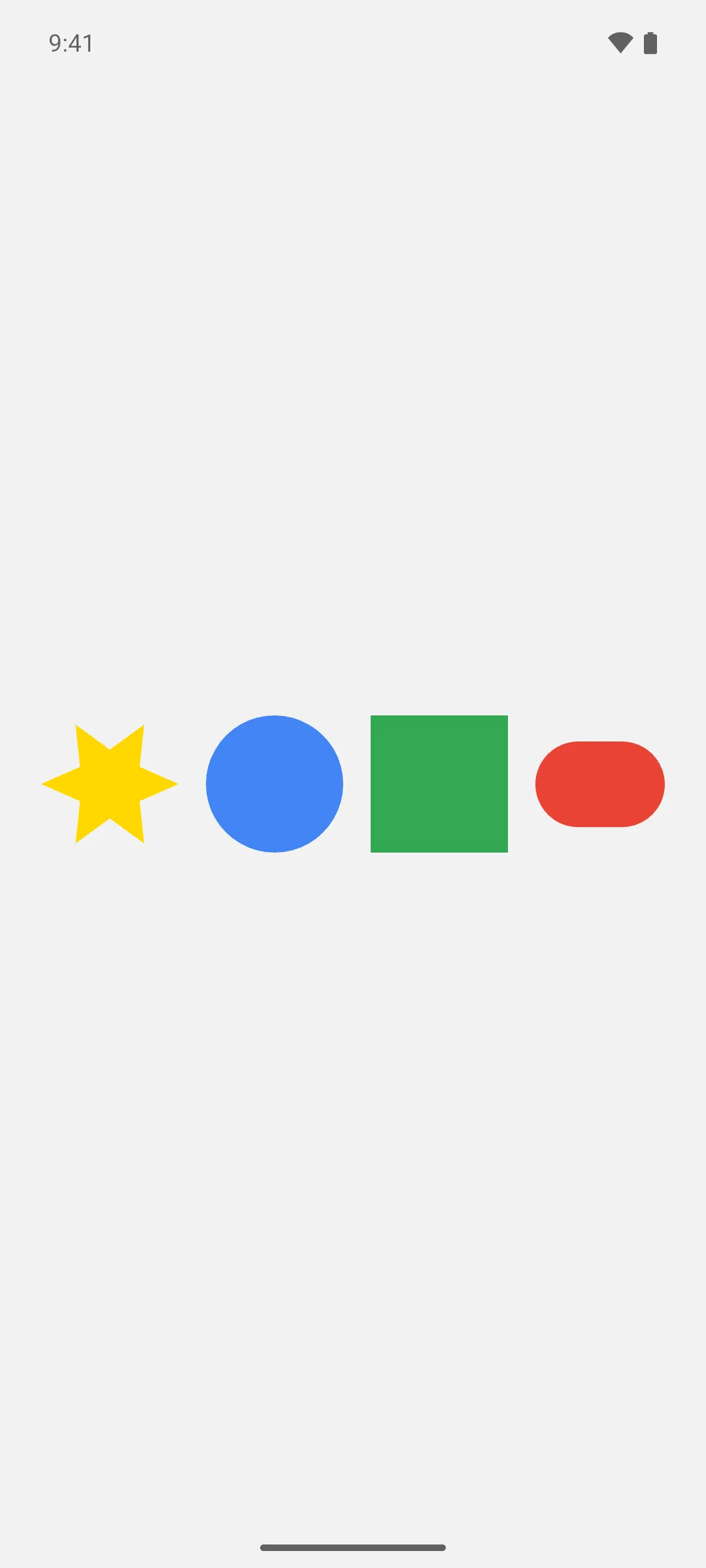 A gold star, blue circle, green square, and red pill in a row